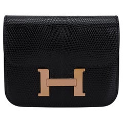 Hermes Constance Slim Wallet Belt Bag Black Lizard Rose Gold Hardware