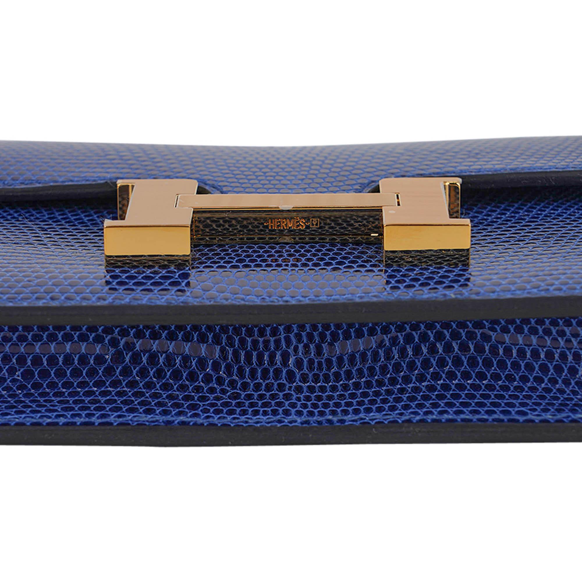 Women's Hermes Constance Slim Wallet Belt Blue Sapphire Lizard Bag Gold Hardware For Sale