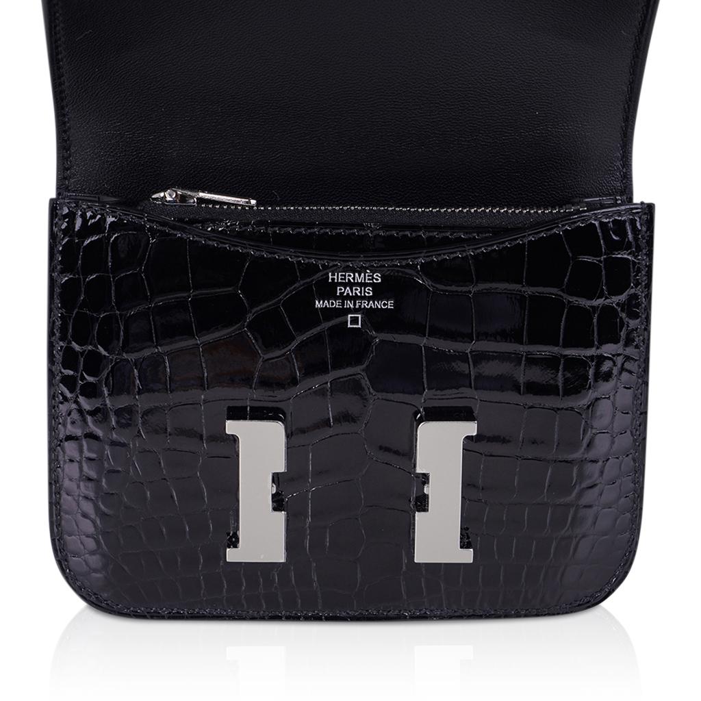Women's Hermes Constance Slim Wallet Black Alligator Waist Belt Bag Palladium Hardware