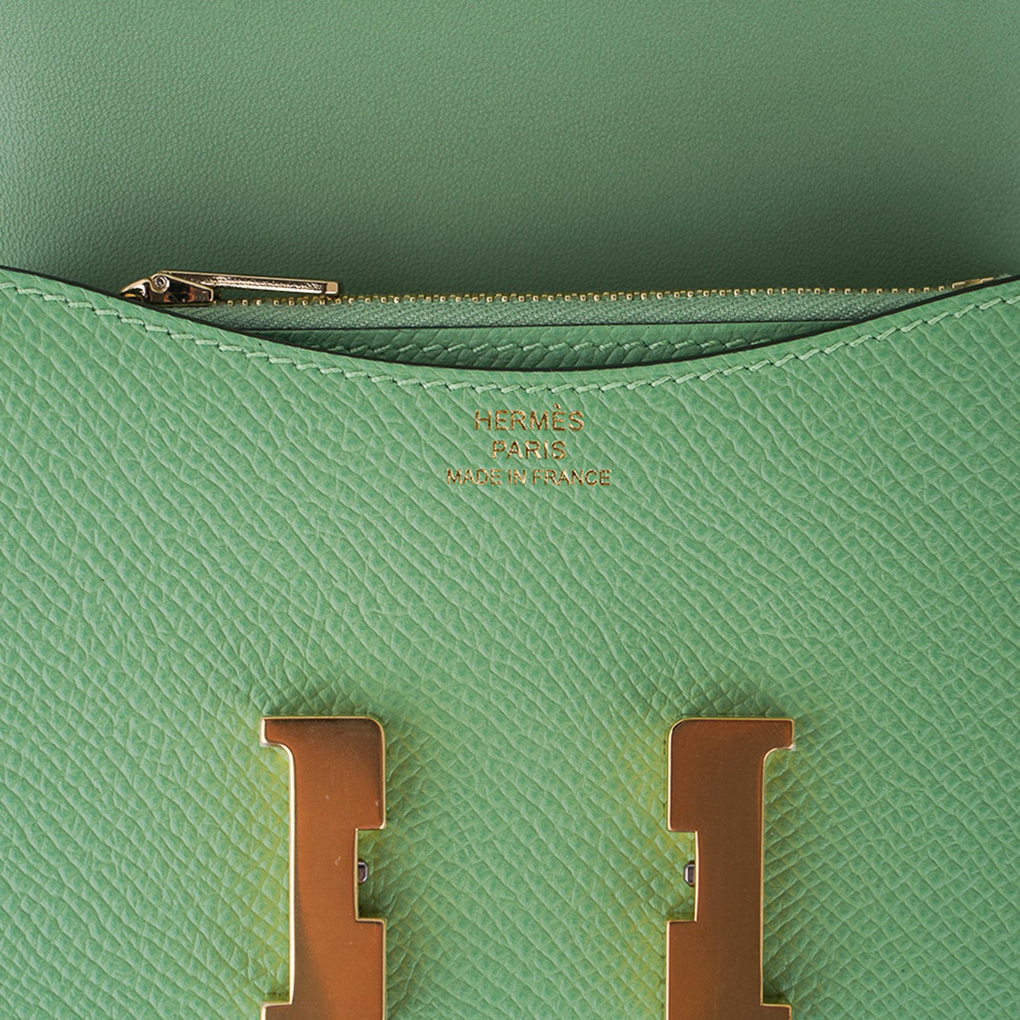 Women's Hermes Constance Slim Wallet Vert Criquet Waist Belt Bag Gold Hardware
