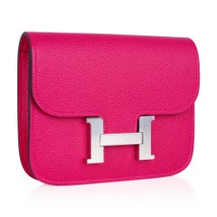 Hermes Constance Slim Wallet Waist Belt Bag Rose Mexico Epsom Palladium New/Box
