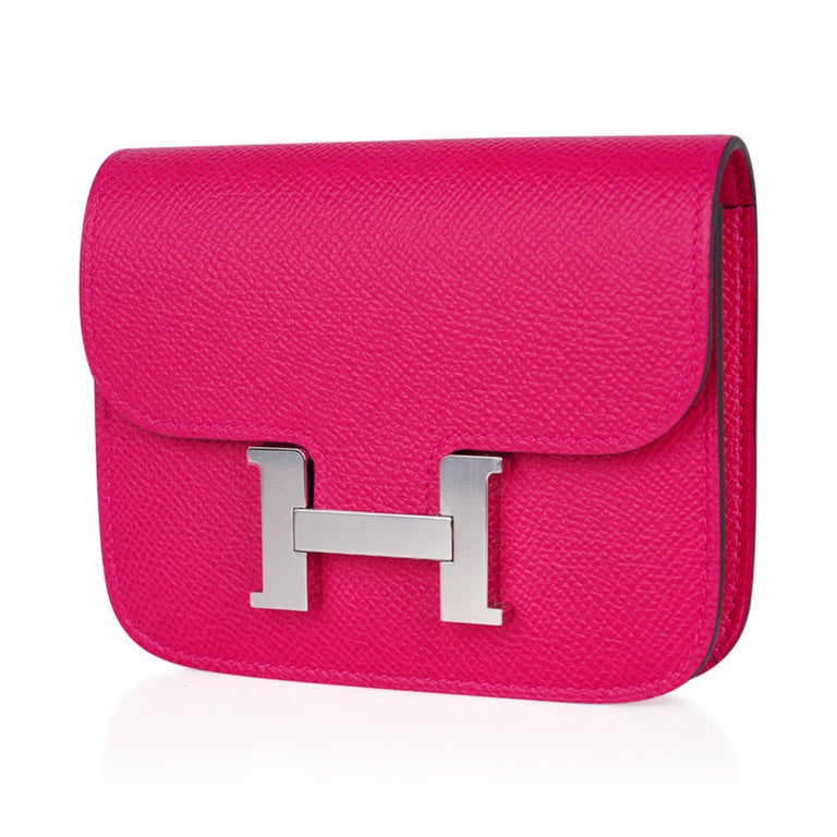 Hermes Constance Slim Wallet Waist Belt Bag Rose Mexico Epsom Palladium  New/Box sur 1stDibs