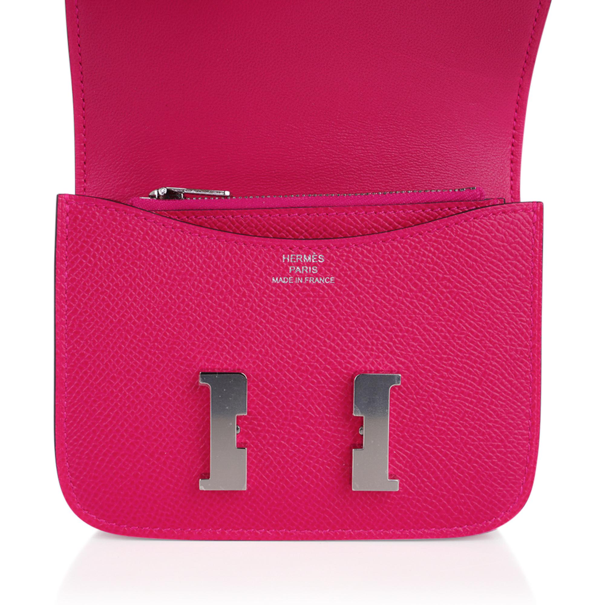 Hermes Constance Slim Wallet Waist Belt Bag Rose Mexico Epsom Palladium New/Box In New Condition In Miami, FL