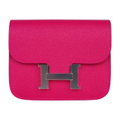 Hermes Constance Slim Wallet Waist Belt Bag Rose Mexico Epsom Palladium New/Box