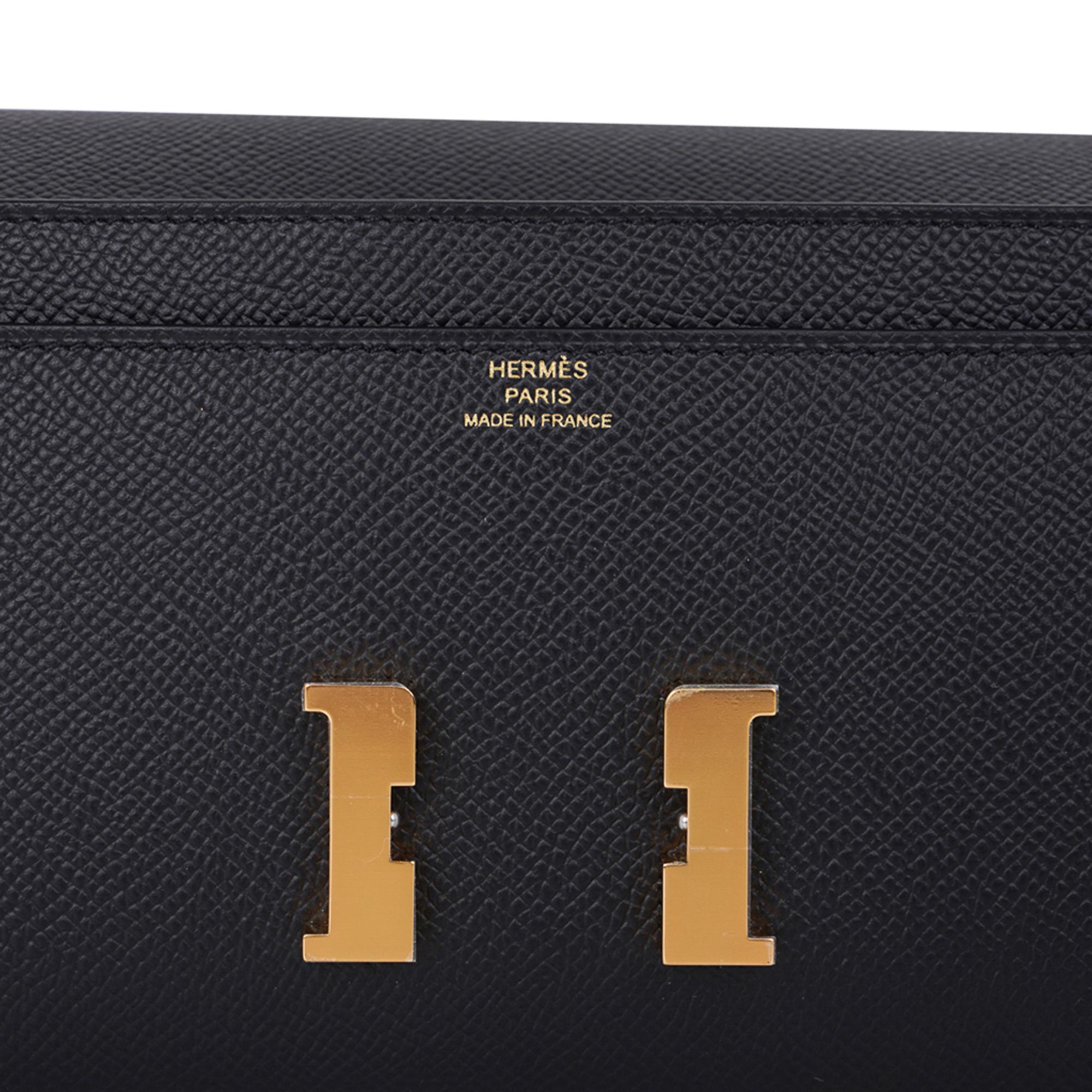 Mightychic offers a guaranteed authentic coveted Hermes Constance Long To Go Wallet featured in Black.
Rich Gold hardware.
Epsom leather.
The consummate Wallet on a Chain!  
Detachable strap turns it into a clutch for you.
Classic Constance push