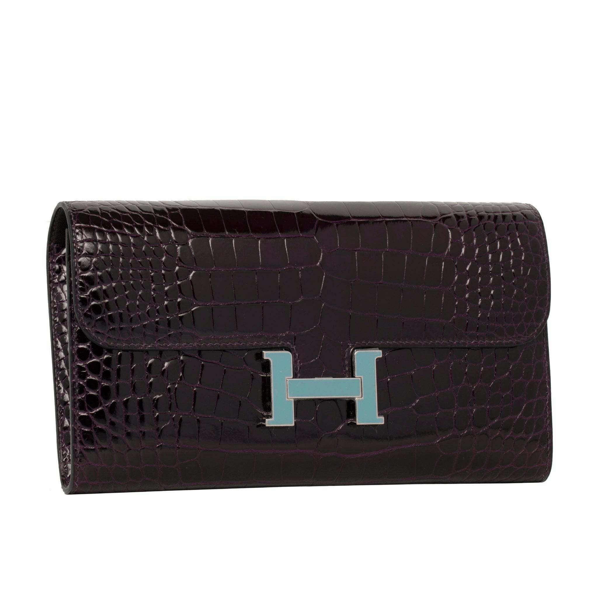 Black Hermes Constance Wallet Prunoir & Blue Saint Cyr Shiny Alligator Palladium Hardw For Sale