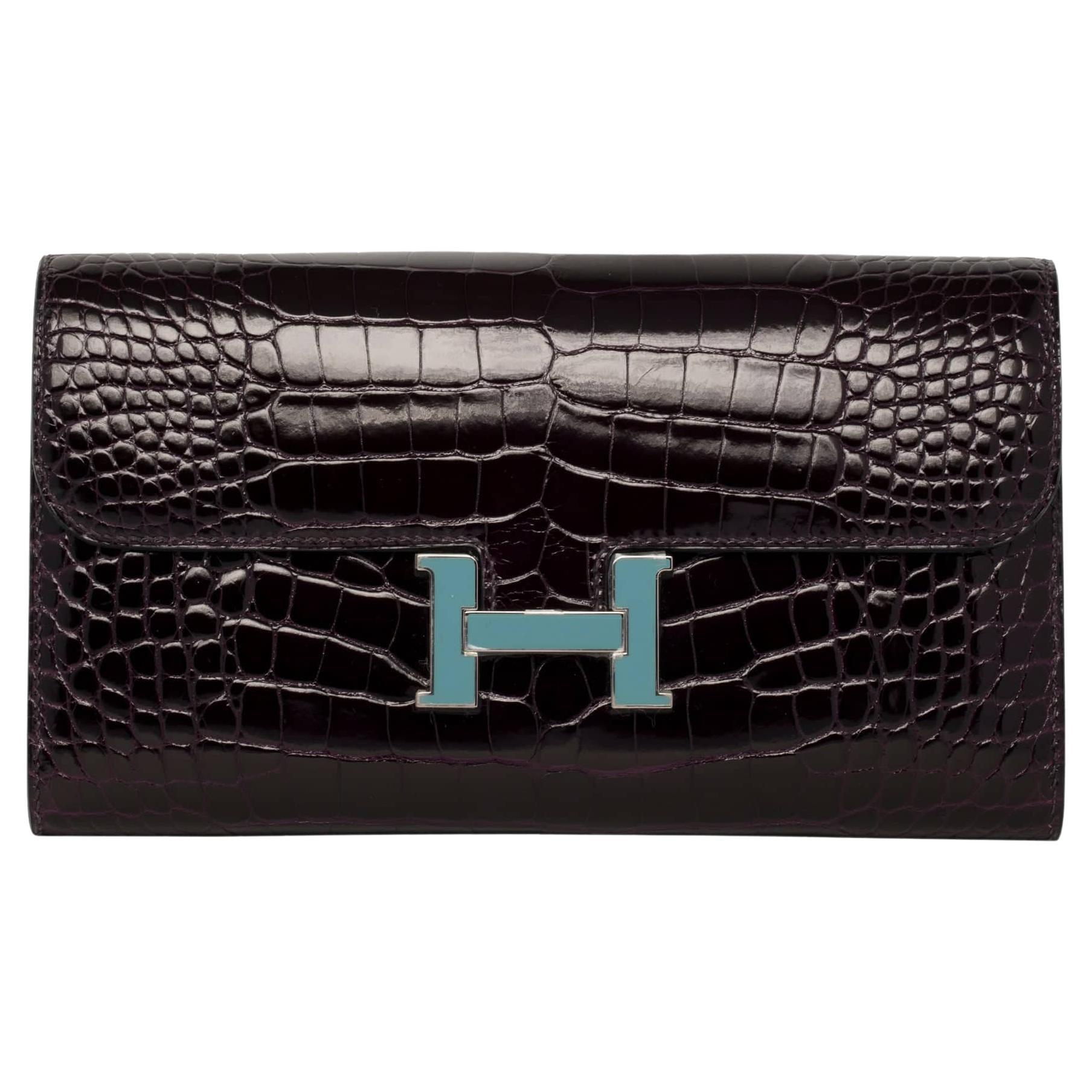 Hermes Constance Wallet Prunoir & Blue Saint Cyr Shiny Alligator Palladium Hardw For Sale