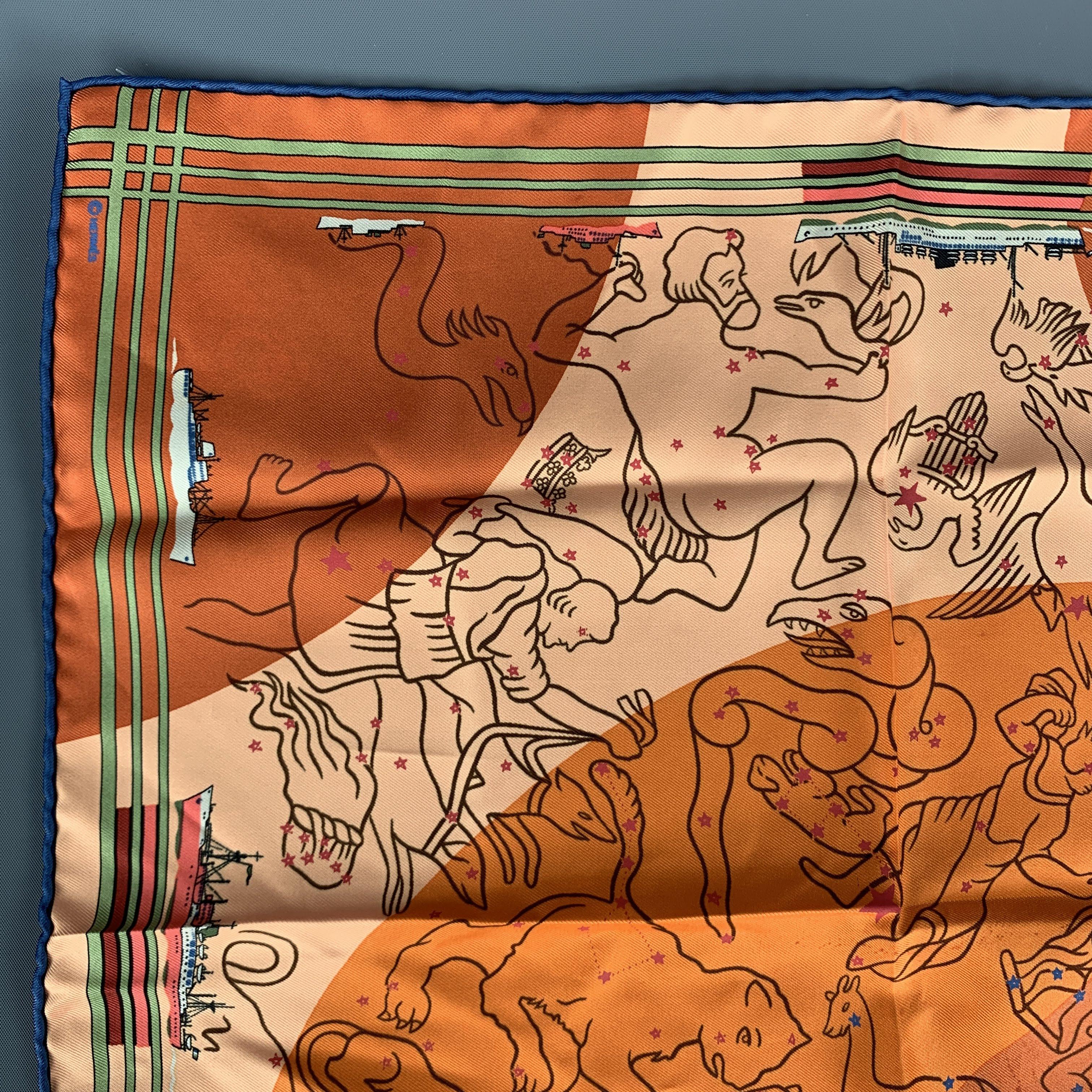 Vintage HERMES Pocket Square comes in an orange silk  with all over 