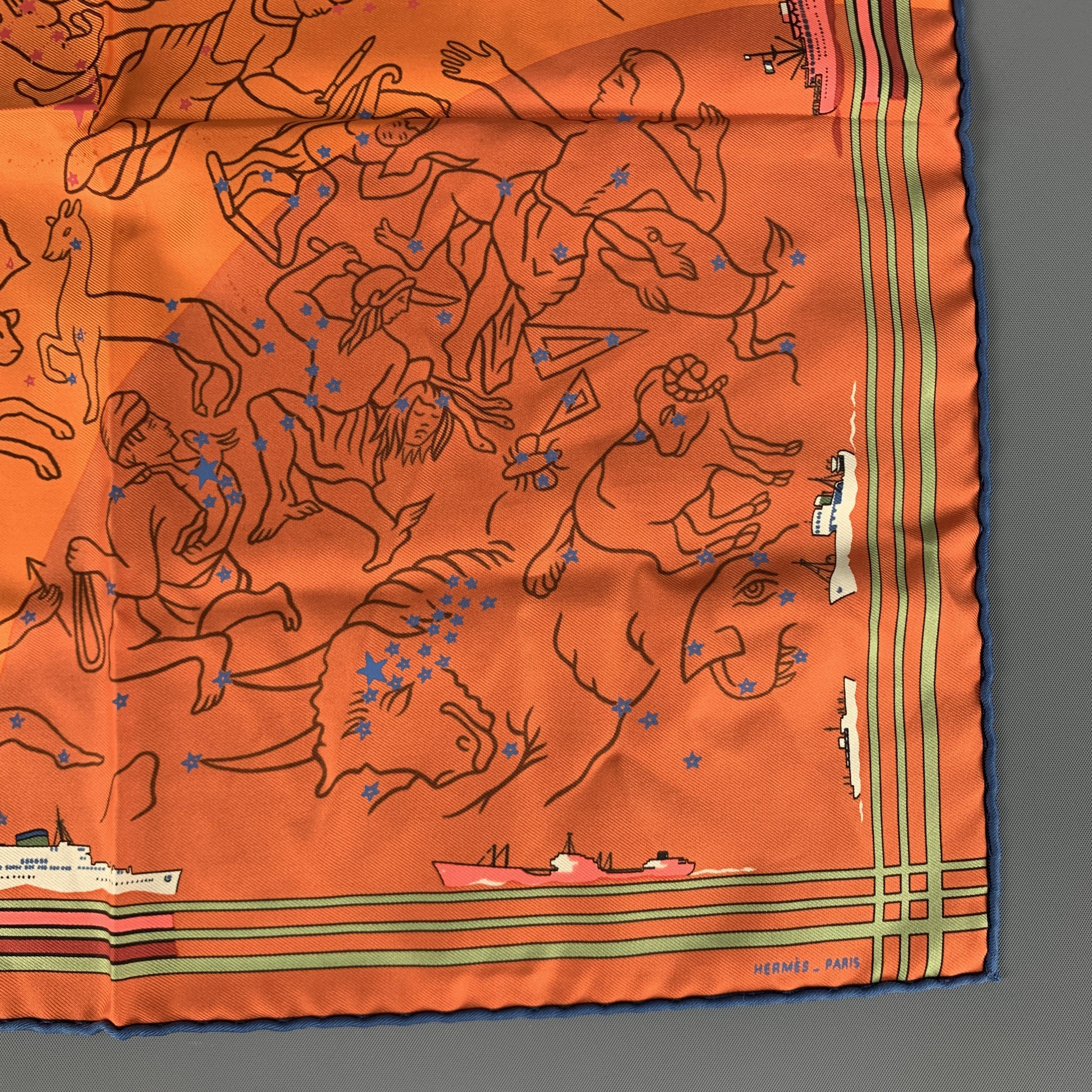 HERMES Constellations Orange Silk Pocket Square In New Condition In San Francisco, CA