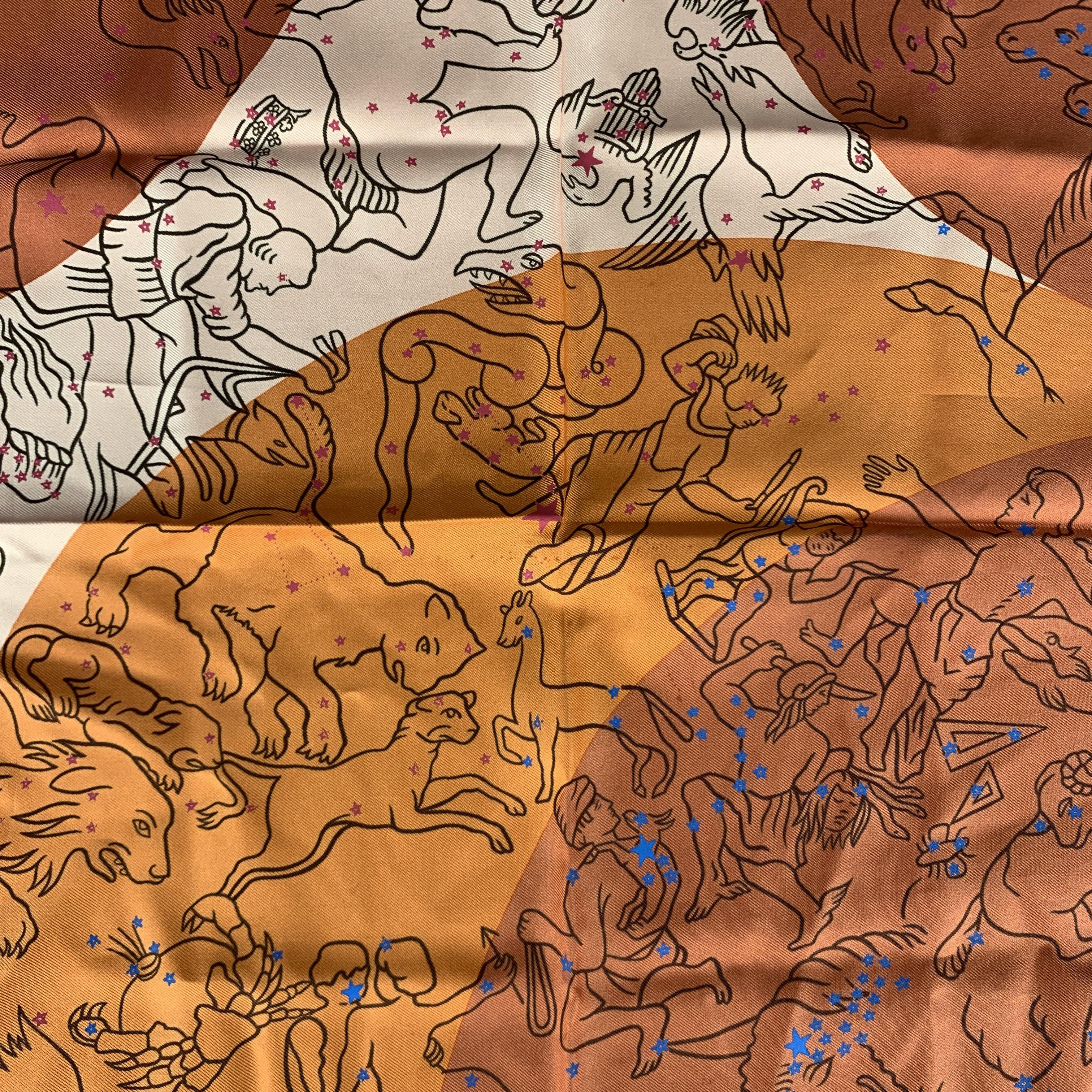 Men's HERMES Constellations Orange Silk Pocket Square
