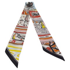 HERMES Twilly Chartreuse Scattered Signature Print Silk Skinny Scarf Neck Tie  at 1stDibs