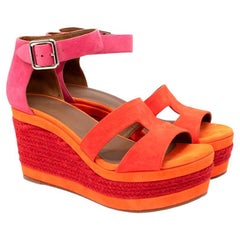 Hermes Coral Monochrome Suede Platform Espadrille Wedges