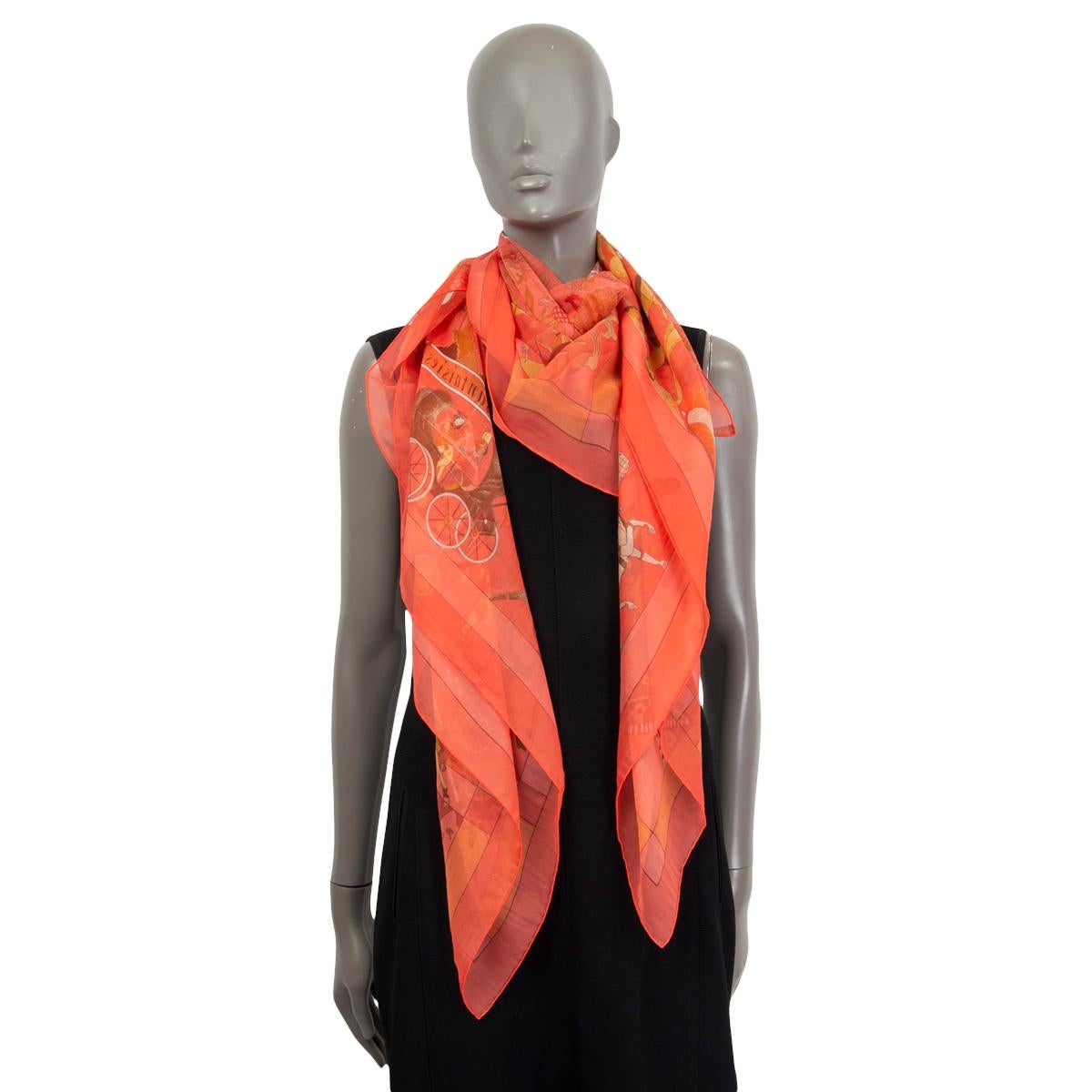 HERMES coral silk chiffon FANTAISIES INDIENNES 140 MOUSSELINE Scarf 1