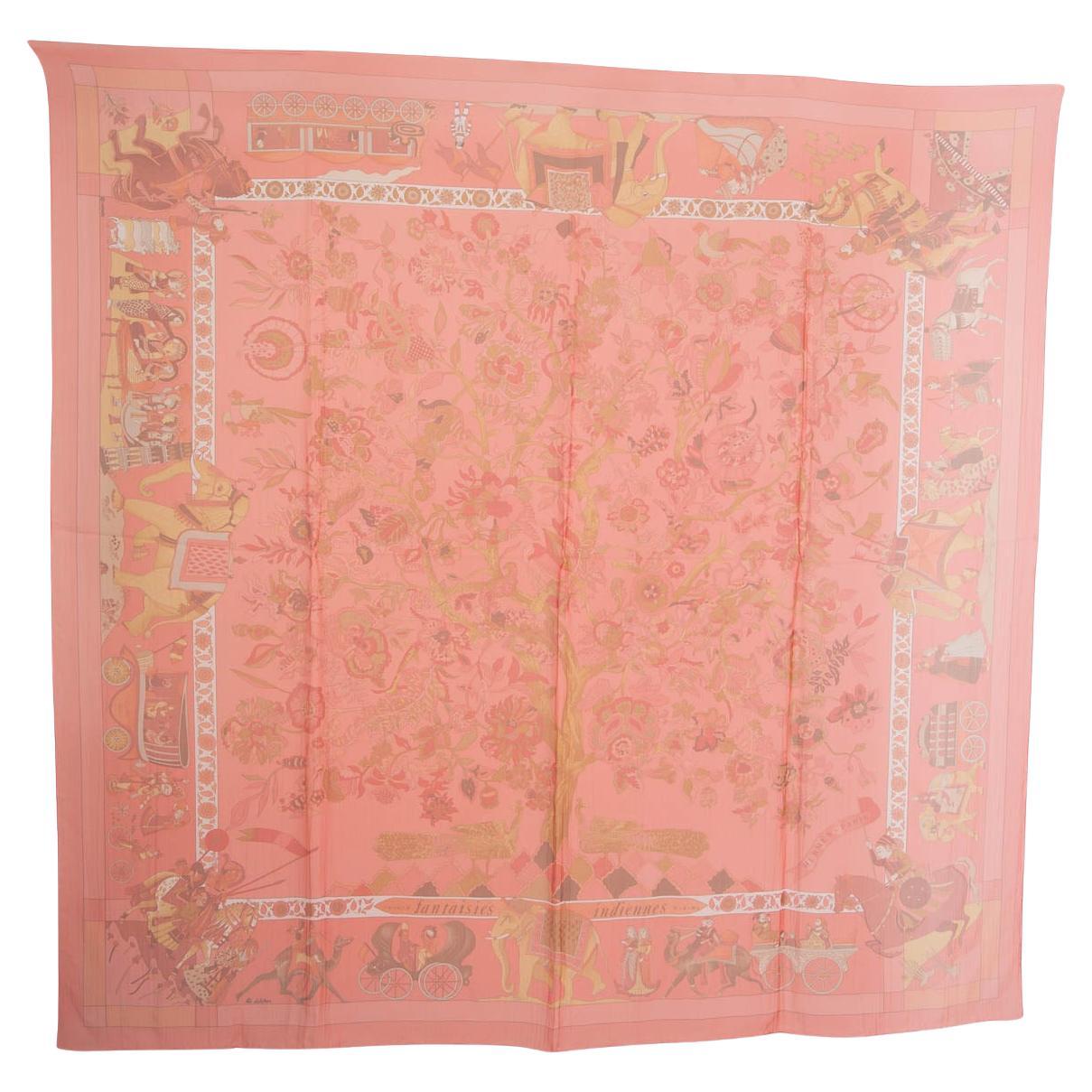 HERMES coral silk chiffon FANTAISIES INDIENNES 140 MOUSSELINE Scarf For Sale