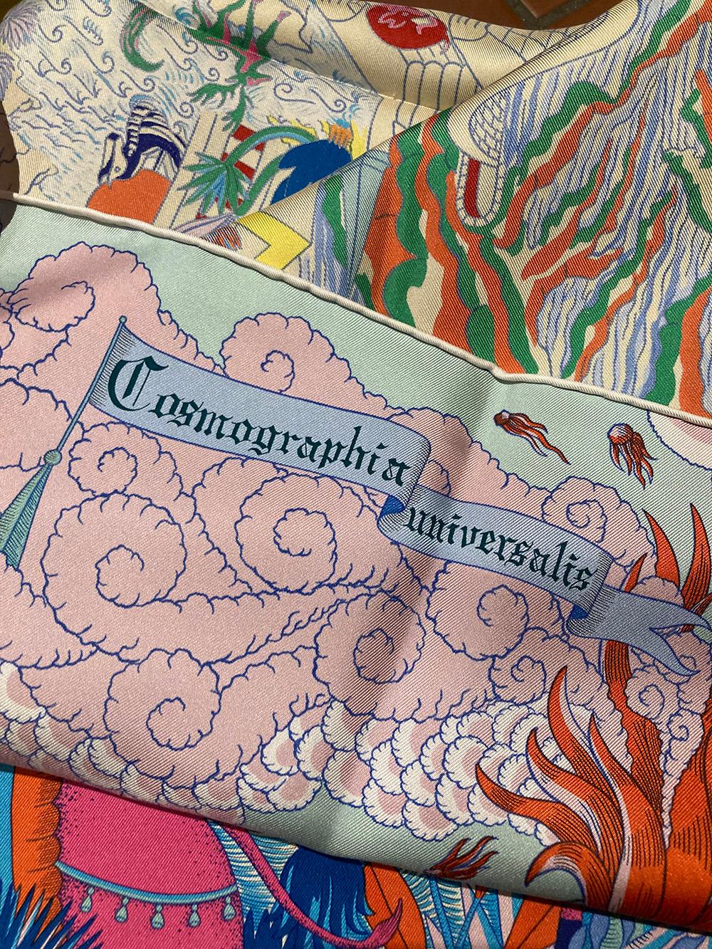 Beige Hermes Cosmographia Universalis scarf 90 turquoise jaune rose
