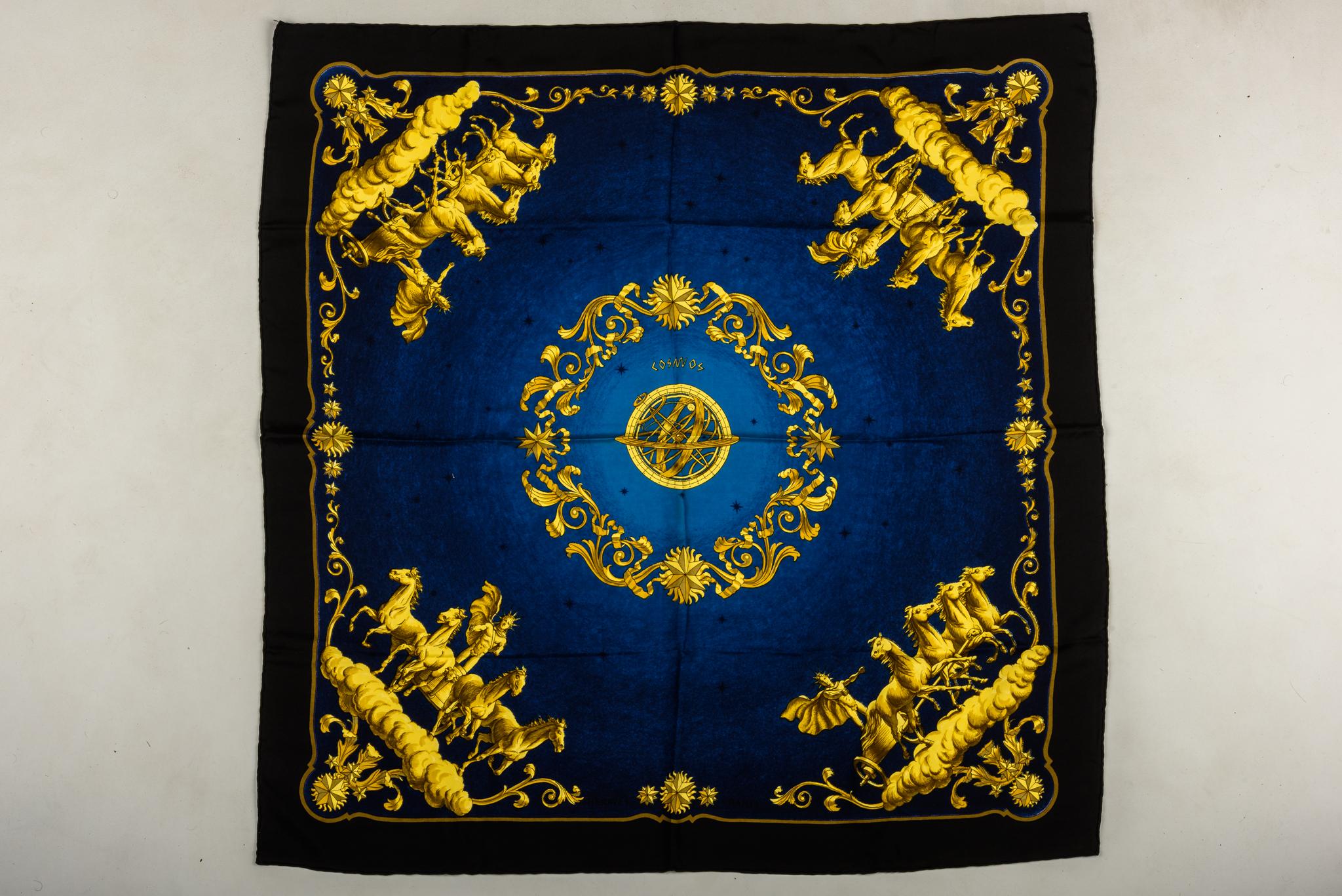 Black Hermes Cosmos Silk Twill Blue Scarf by Ledoux, Box
