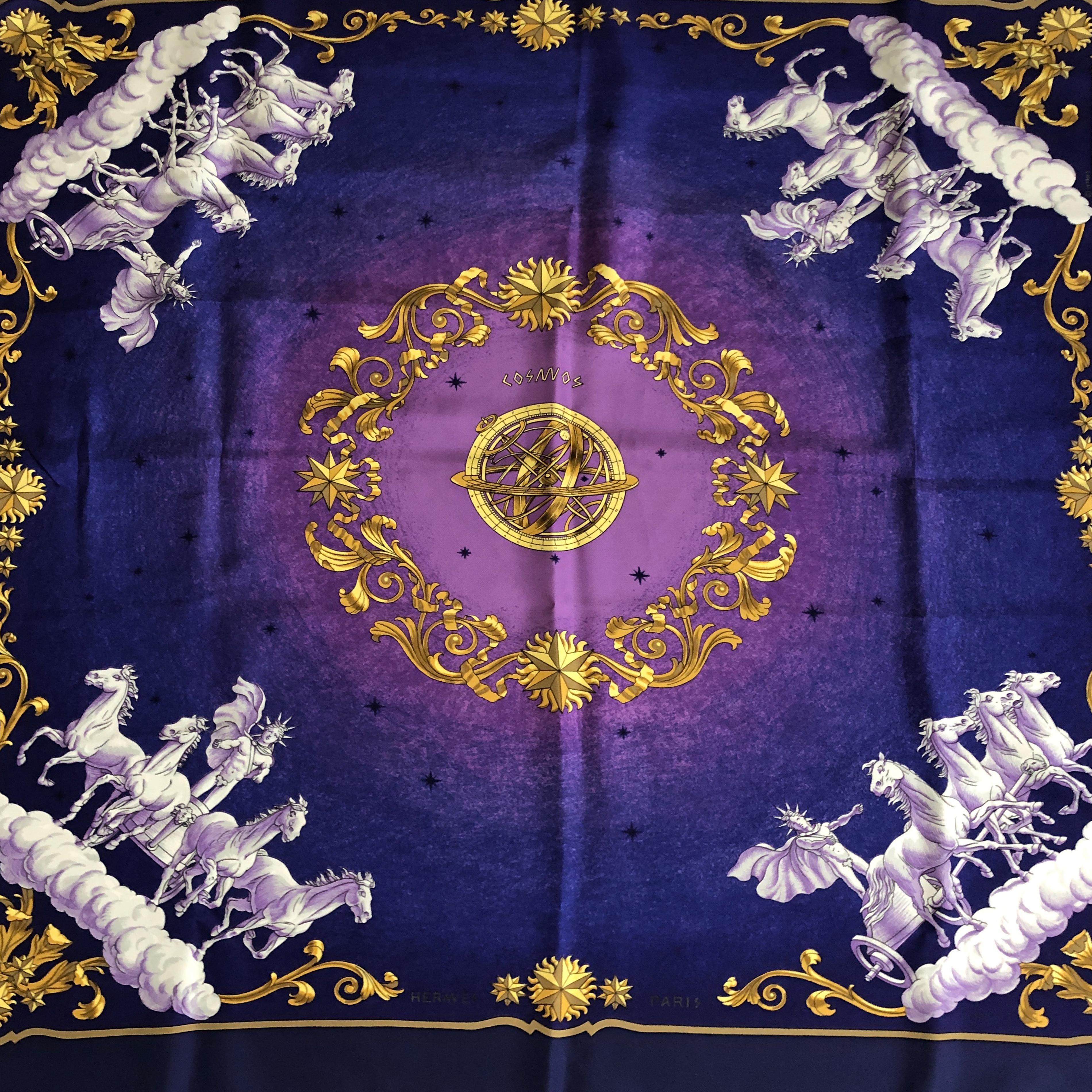 Hermes Cosmos Silk Twill scarf or shawl by Philippe Ledoux. Originally designed by Ledoux in 1964, this celestial scarf has become so popular amongst Hermès collectors that it's been reissued several times over the years (this piece is from the mid
