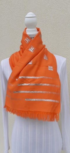 Hermès Cotton and Silk Orange Shawl Scarf Cheche Shiny H Printed RARE !
