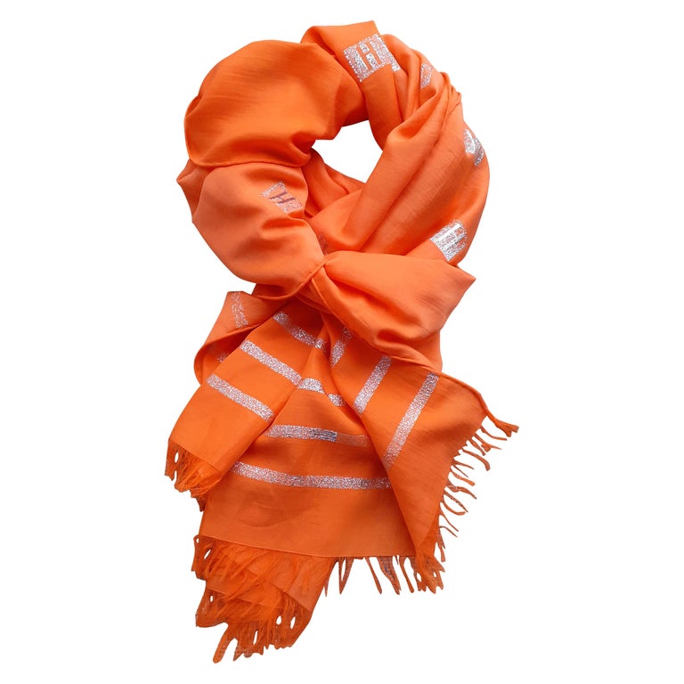 Hermès Cotton and Silk Orange Shawl Scarf Cheche Shiny H Printed RARE