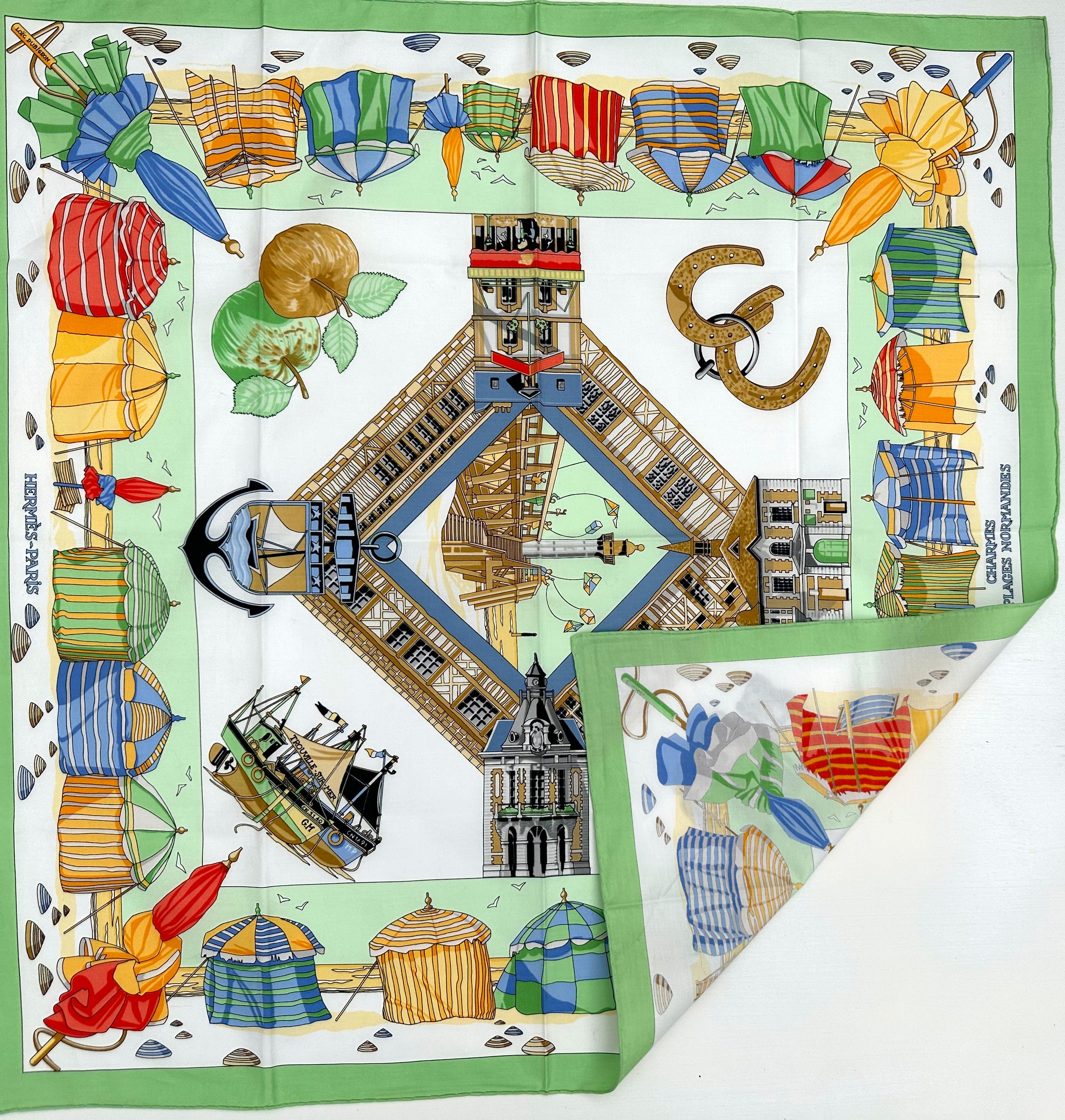 
Hermes Cotton Scarf, Charmes Des Plages Normandes, designed by Loic Dubigeon.
26.5 by 26.5 in.
Condition Report
Good Condition.