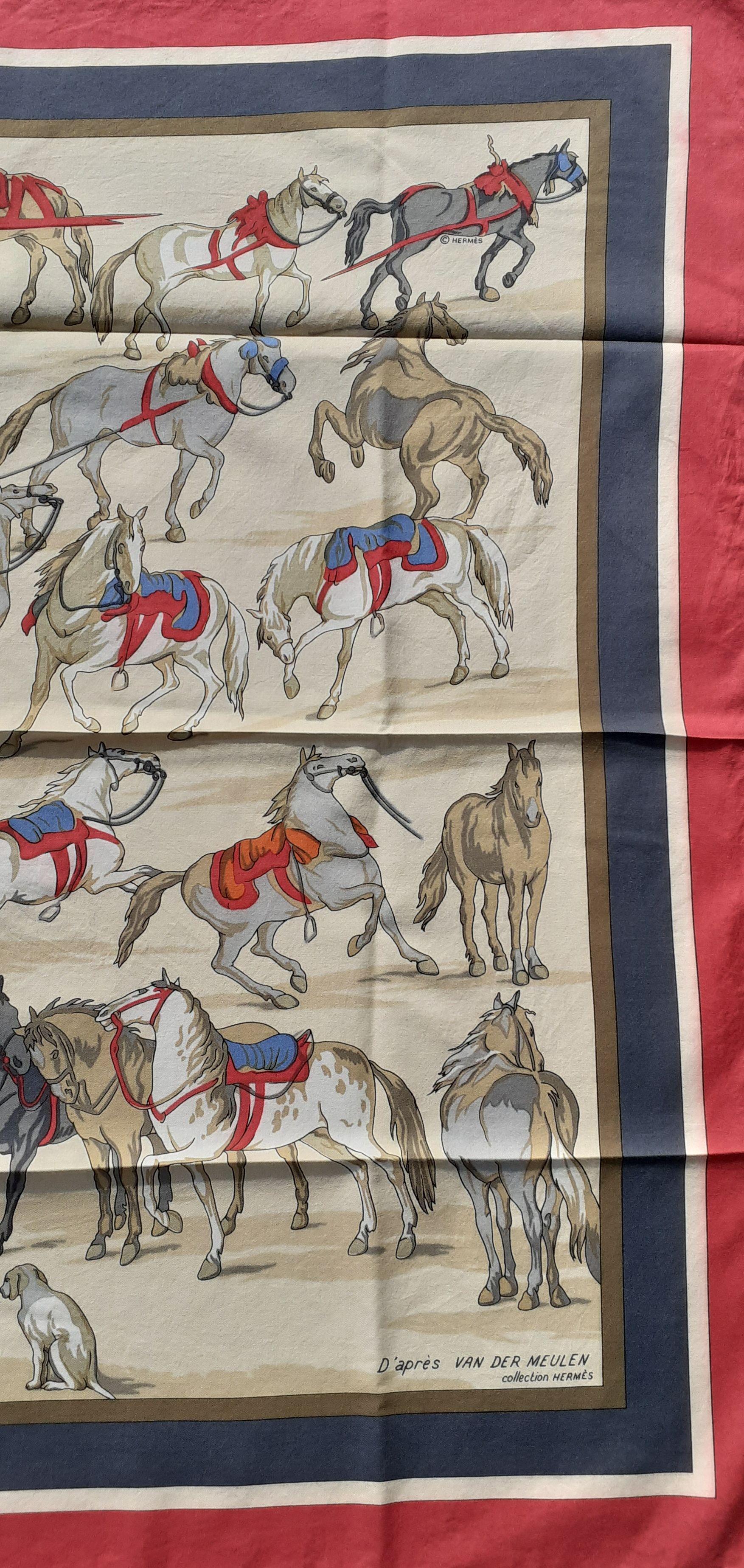 Beautiful and Rare Authentic Hermès Scarf

Pattern: Chevaux d'Après Van Der MEULEN (Horses)

Designed by Hugo Grygkor in 1951. Reissued in 2004

Made in France

Made of 100% Cotton

Colors: Beige, Red, Blue

Measurements: 68 x 65 cm (26,77 x 25,59