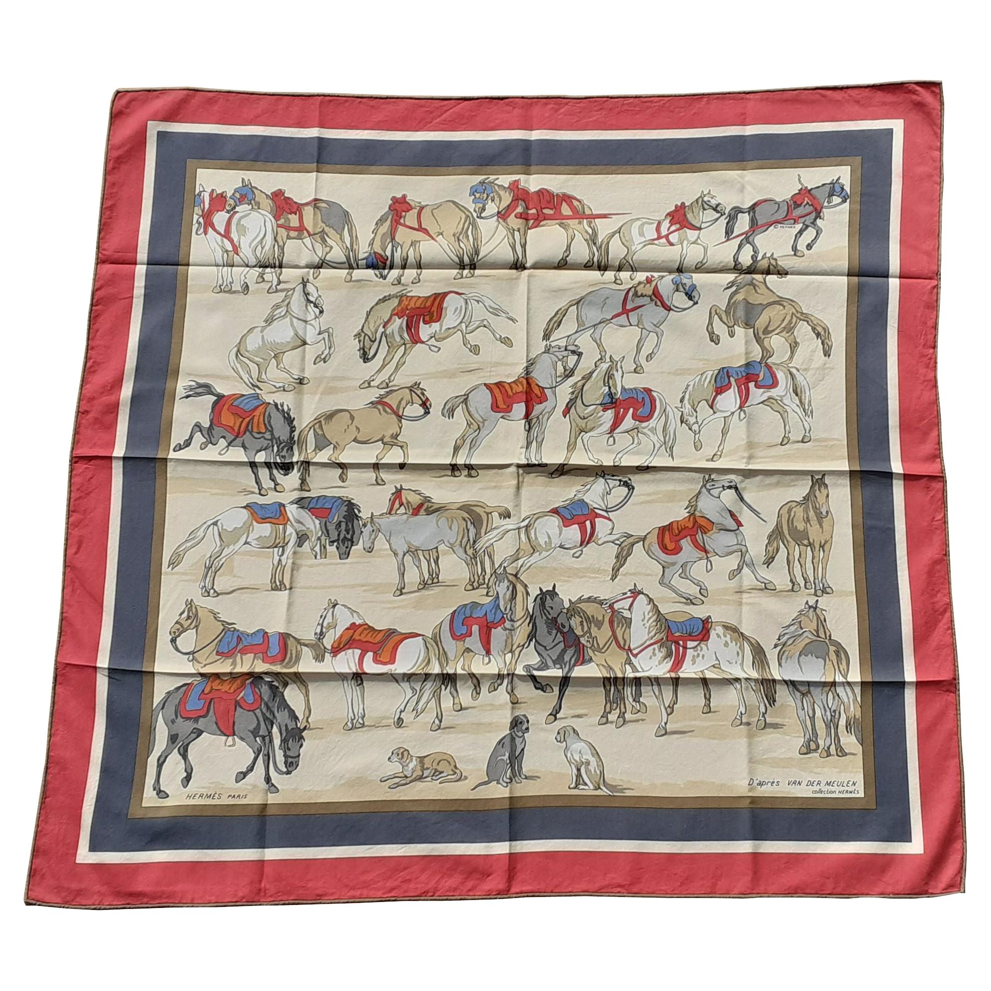 Hermès Cotton Scarf Chevaux D'Après Van Der Meulen Horses RARE