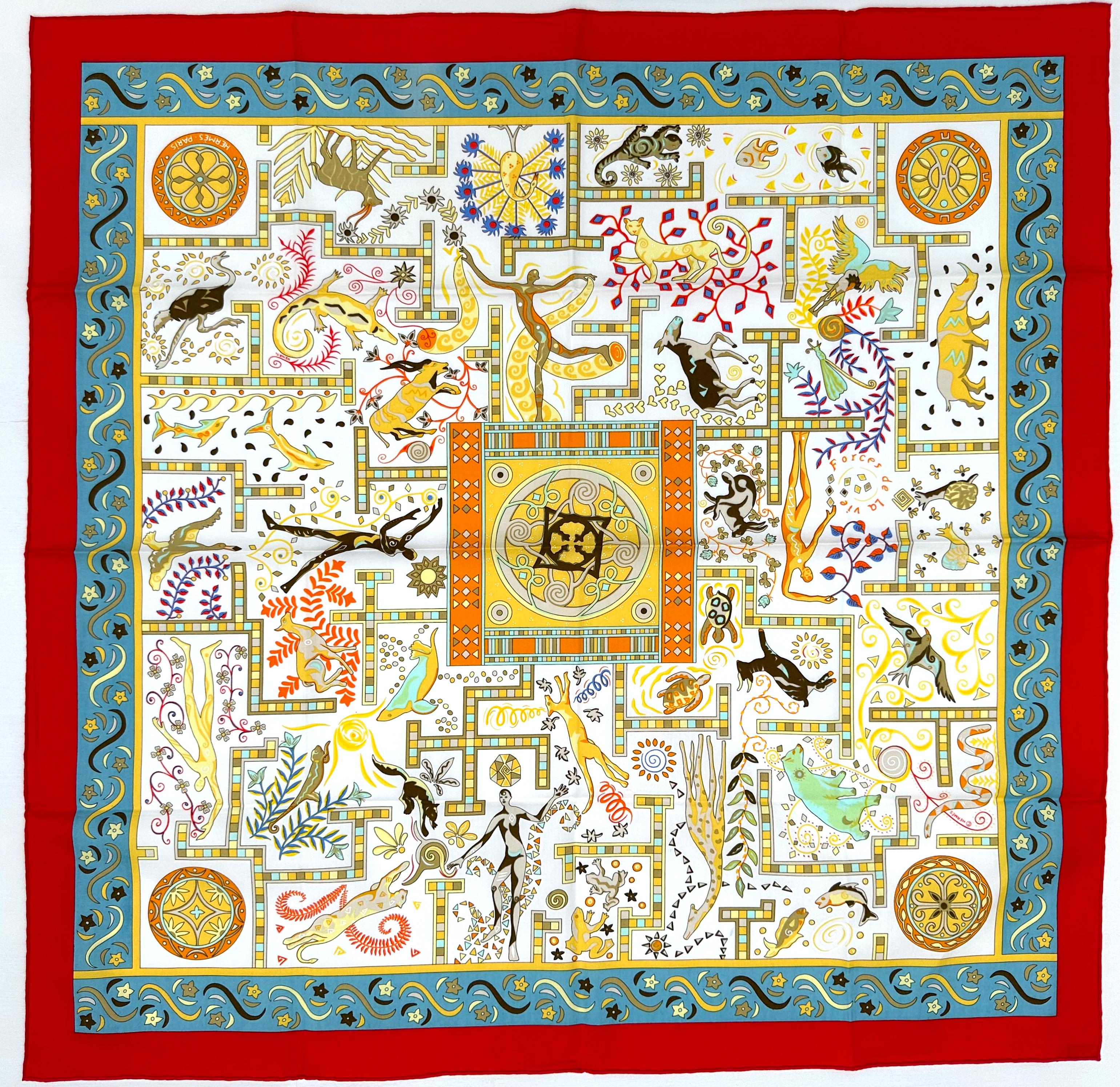 Hermes Cotton Scarf, Forces de la Vie In Good Condition For Sale In West Palm Beach, FL