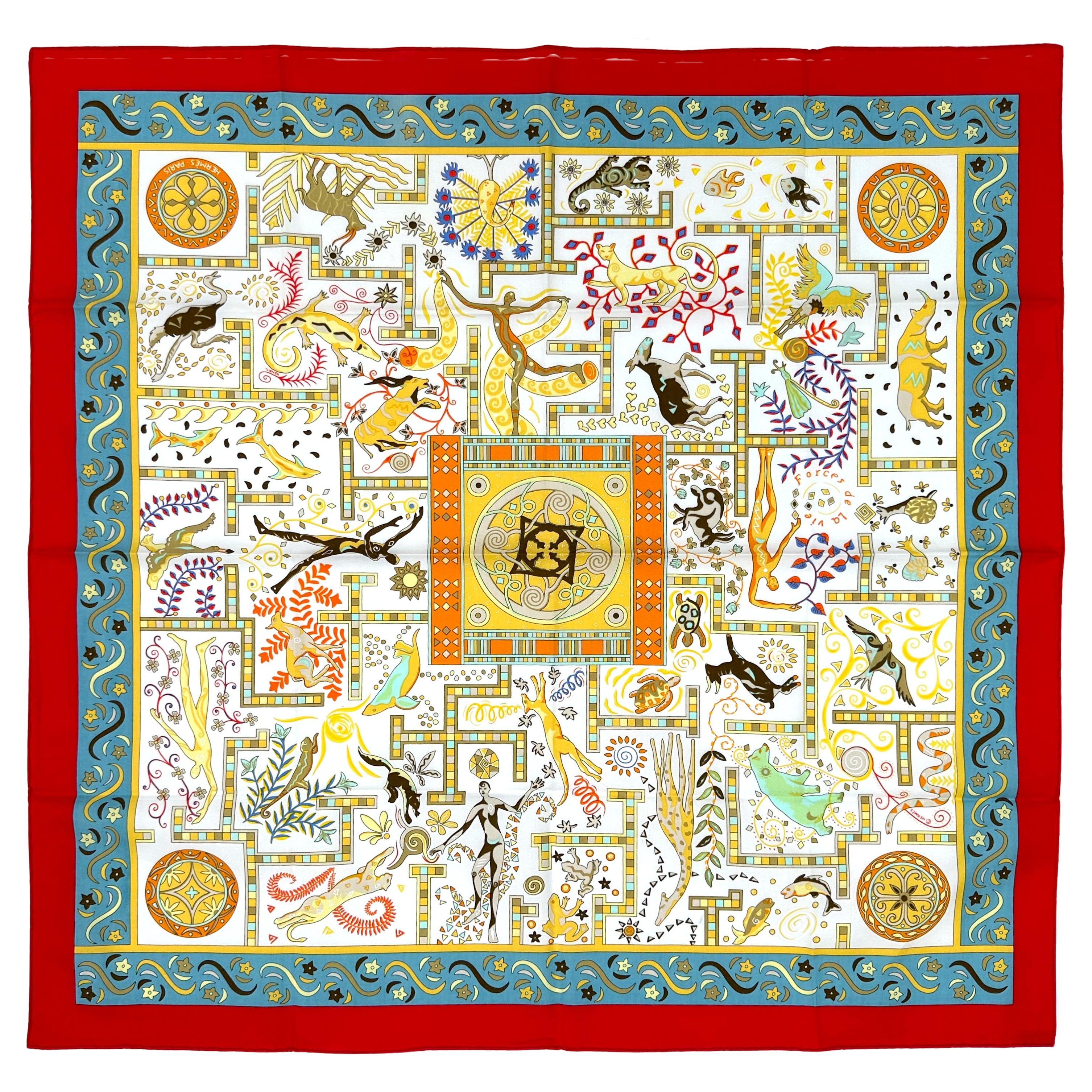 Hermes Cotton Scarf, Forces de la Vie For Sale