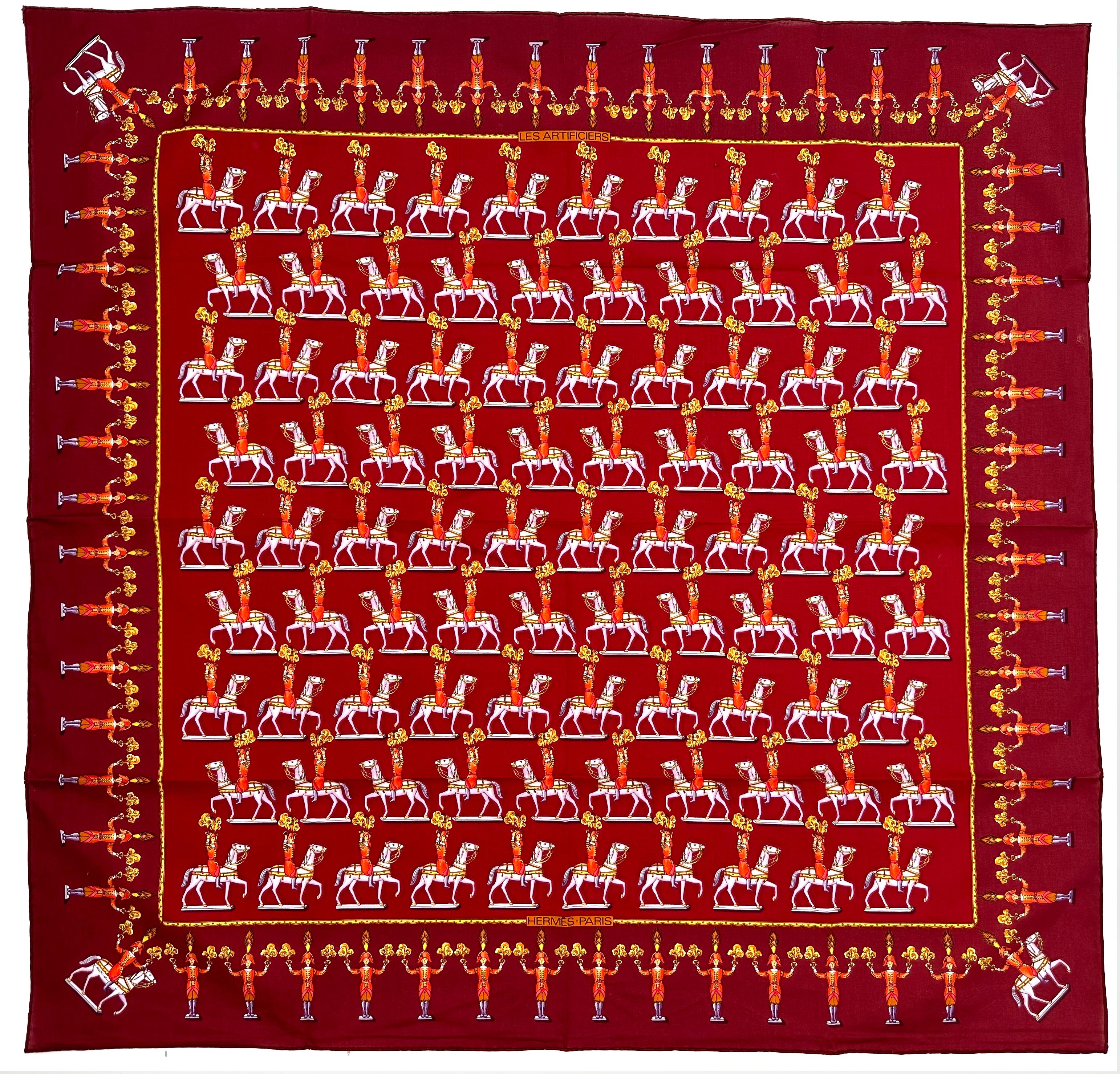Rosso Sciarpa in cotone di Hermes, Les Artificiers, design di Michel Duchene in vendita