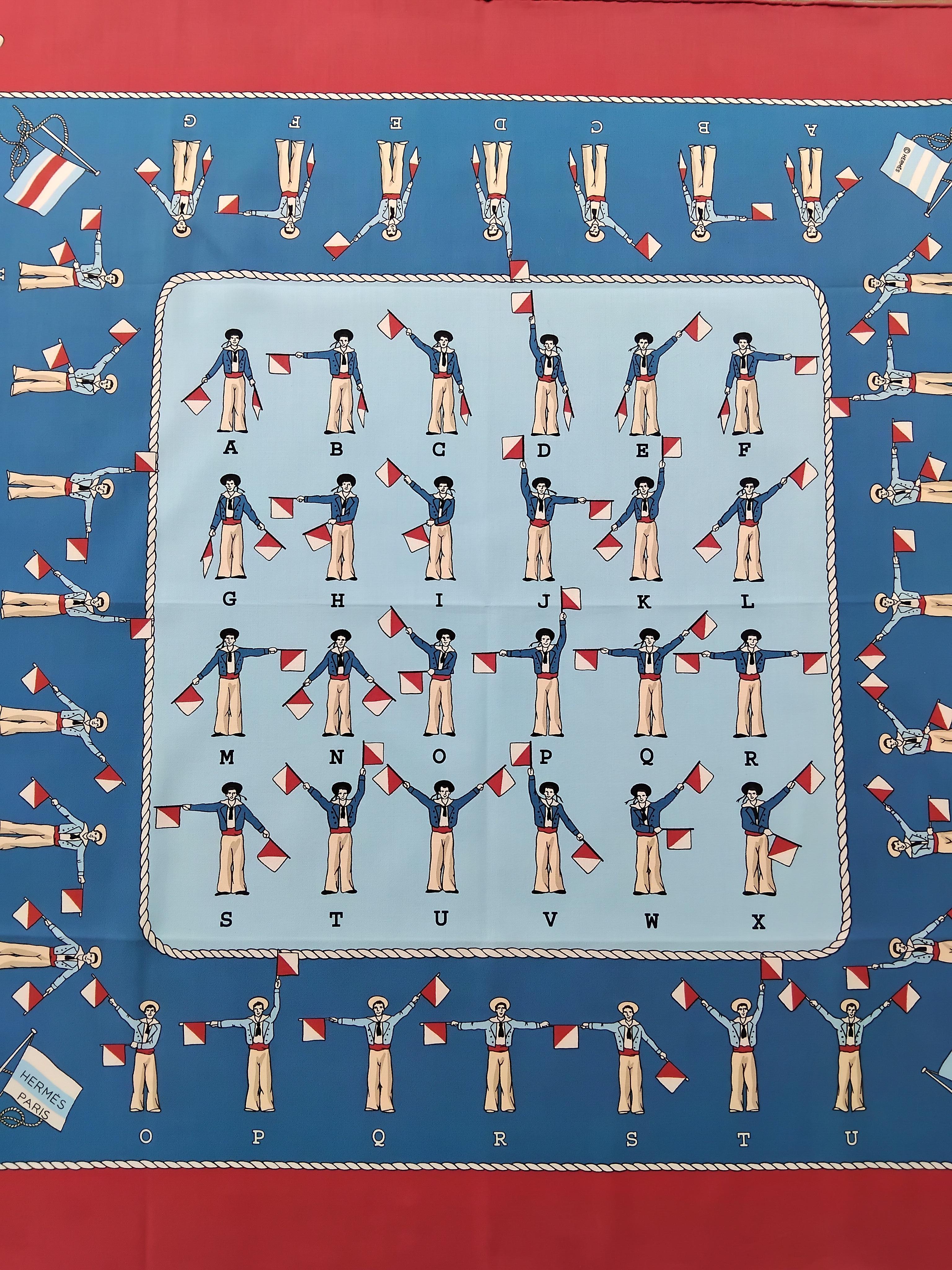 Rosa Sciarpa in cotone di Hermès con bandiera Sailor Semaphore Alphabet Navy 67 cm in vendita