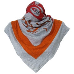 Hermès Cotton Scarf Shawl T-Shirt Monsieur & Madame Grey Orange 110 cm