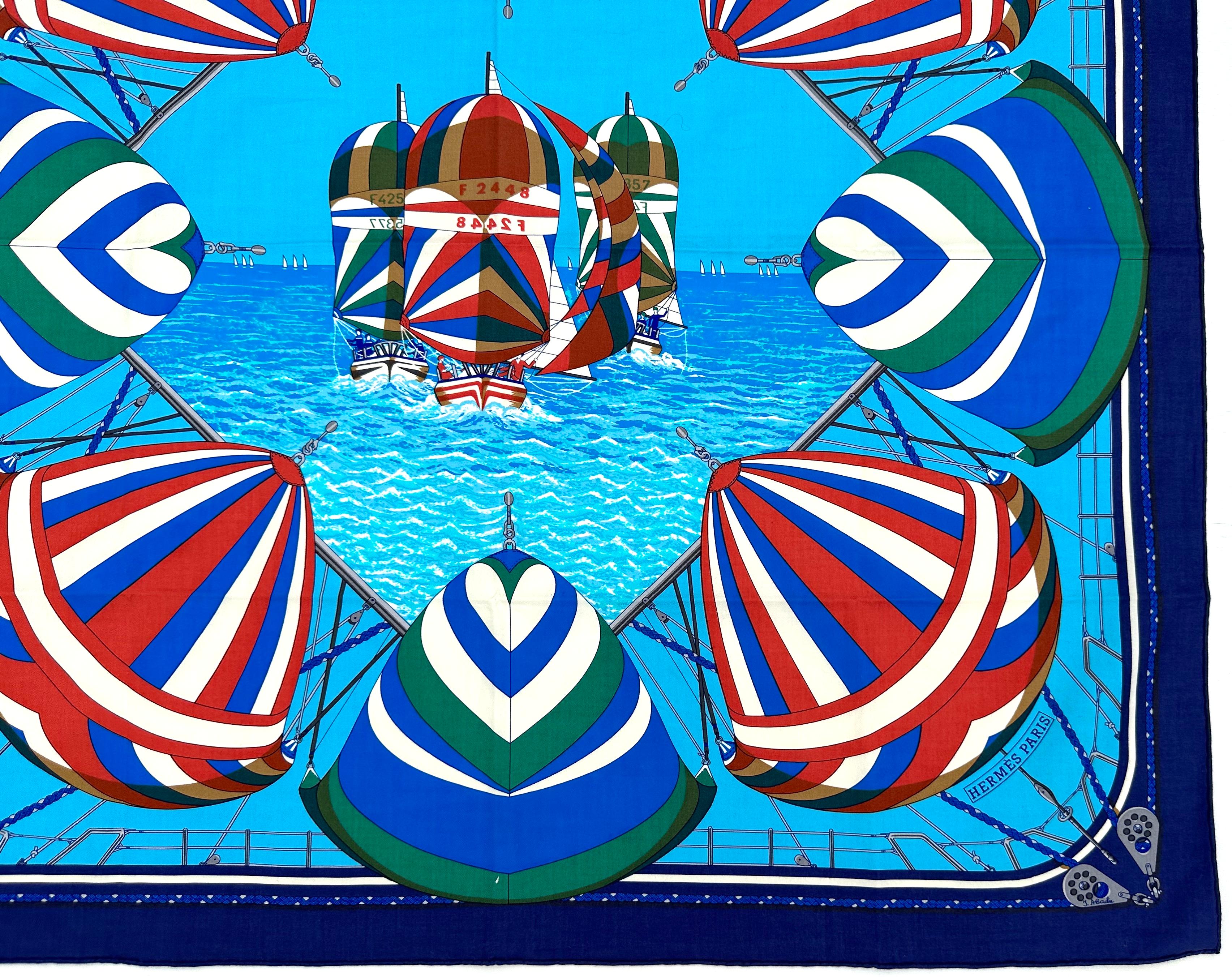 Blue Hermes Cotton Scarf, Spinnakers F2448. For Sale