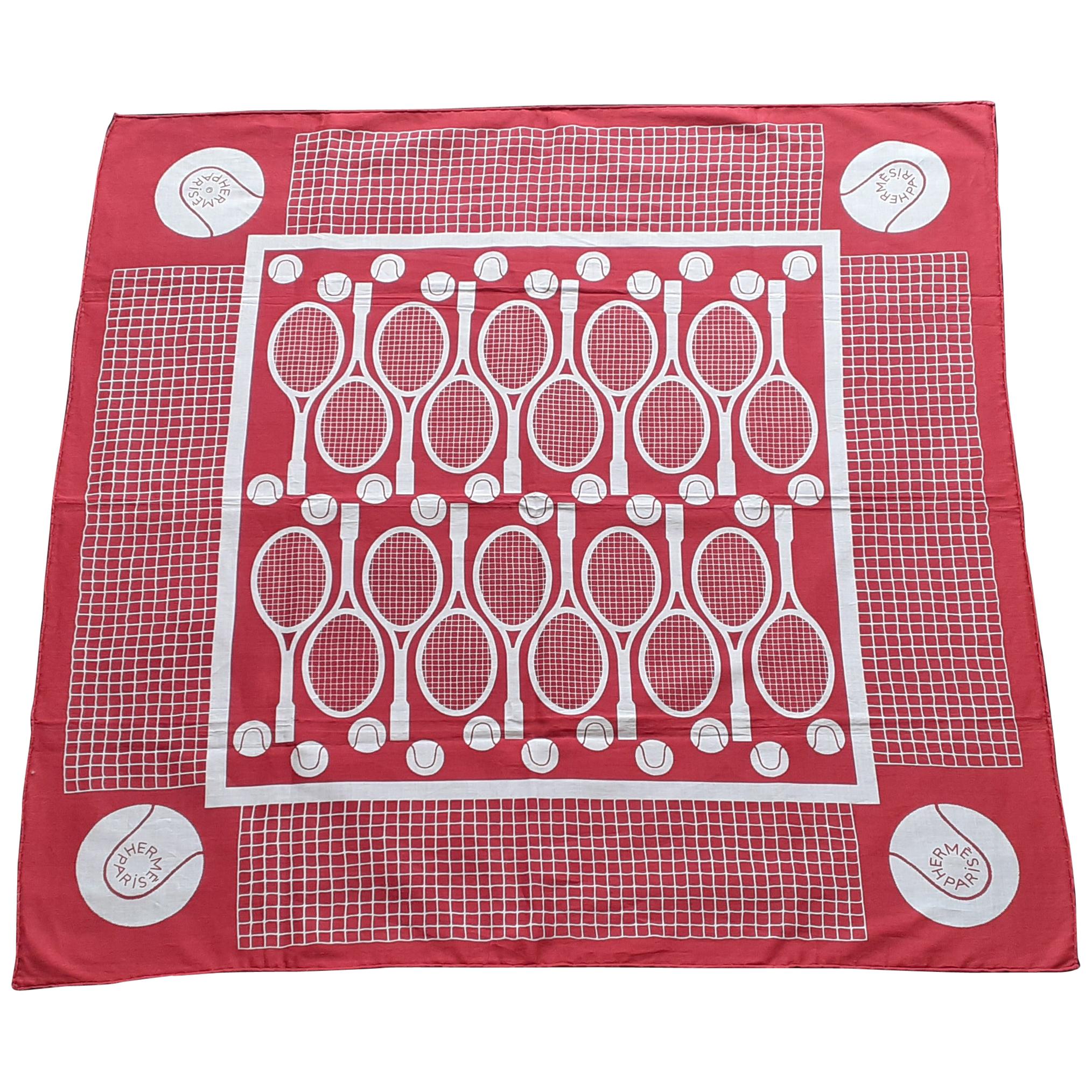 Hermès Cotton Scarf Tennis Henry d'Origny Red White 29 inches