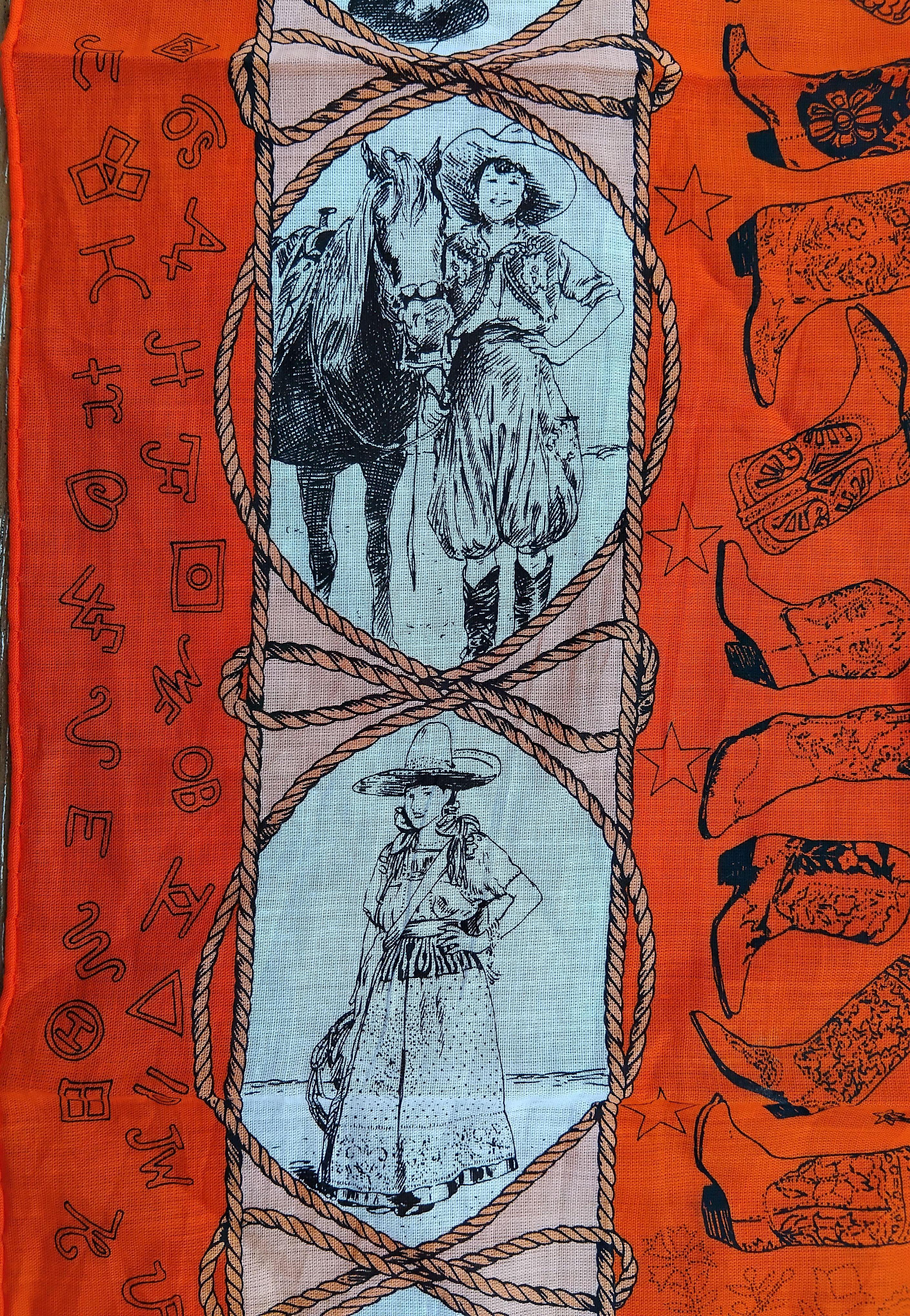 Hermès Cotton Scarf with Charm Rodeo Des Cowgirls Kermit Oliver TEXAS Horse 26' For Sale 2