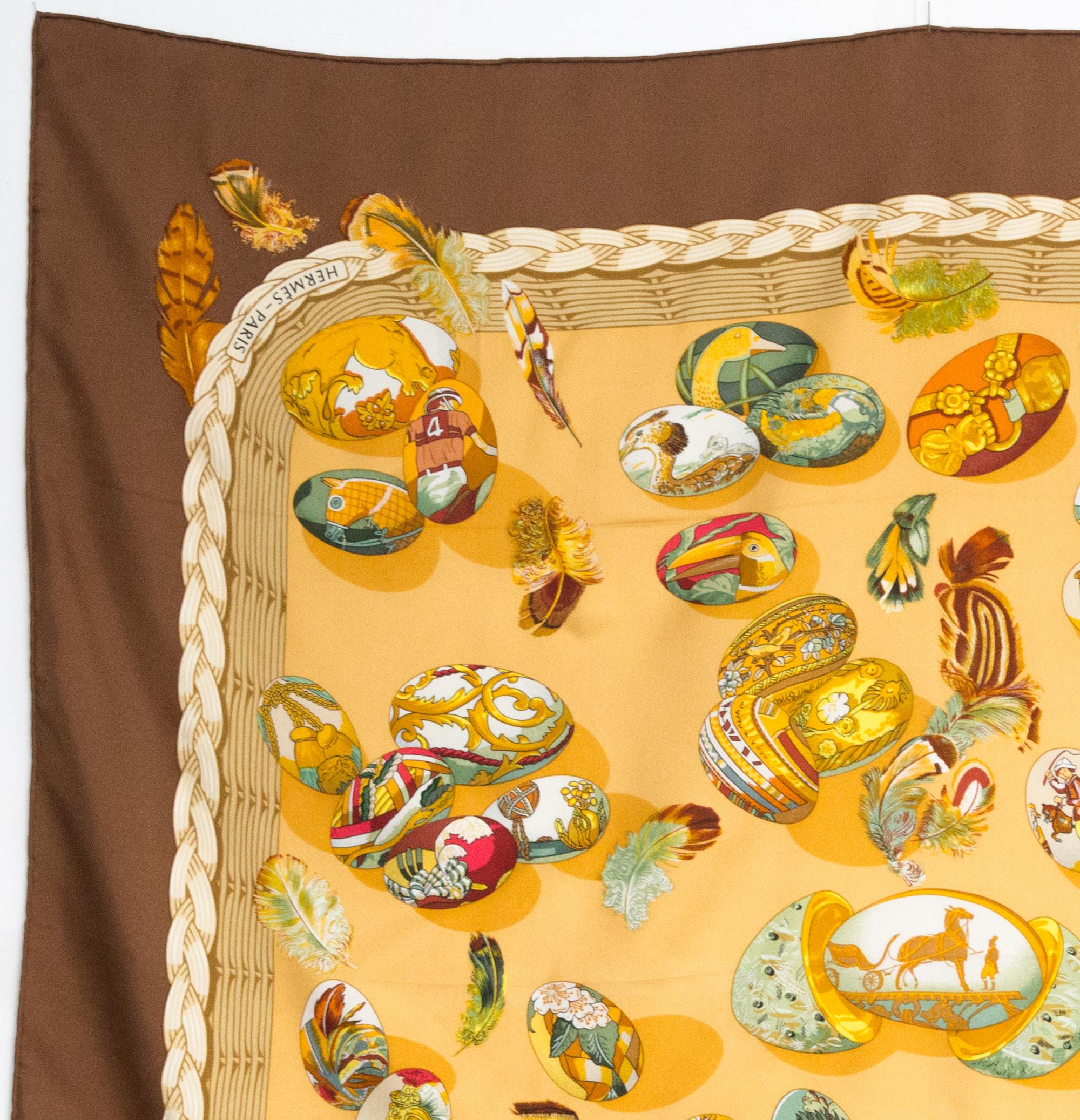 Brown Hermes Couvee D Hermes by Caty Latham Silk Scarf For Sale
