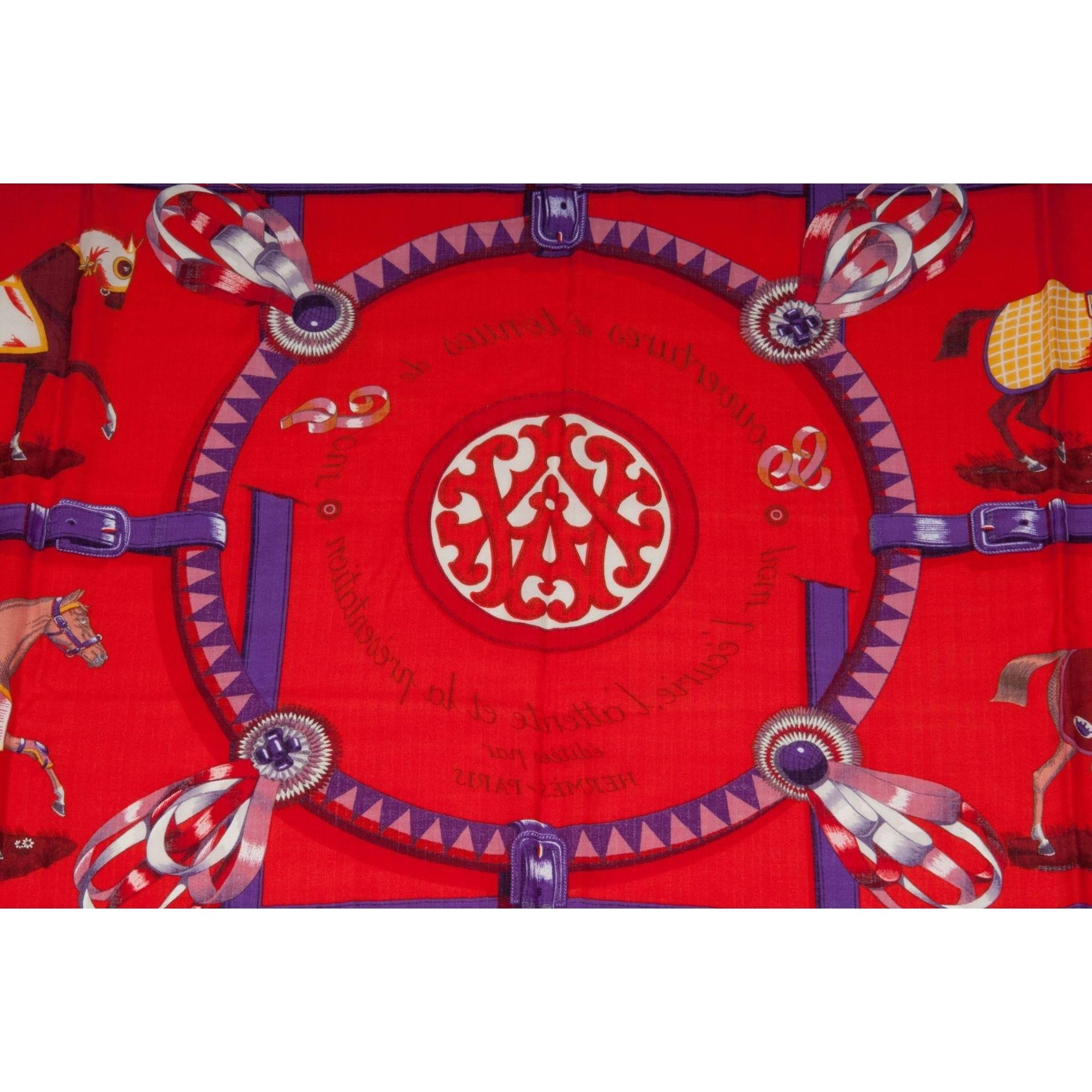 Rosso Hermes Couvertures Et Tenues De Jour GM Red Purple Cashmere Shawl Scarf in vendita