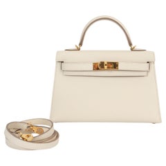 HERMES Craie cream Epsom leather MINI KELLY 20 SELLIER Bag Ghw