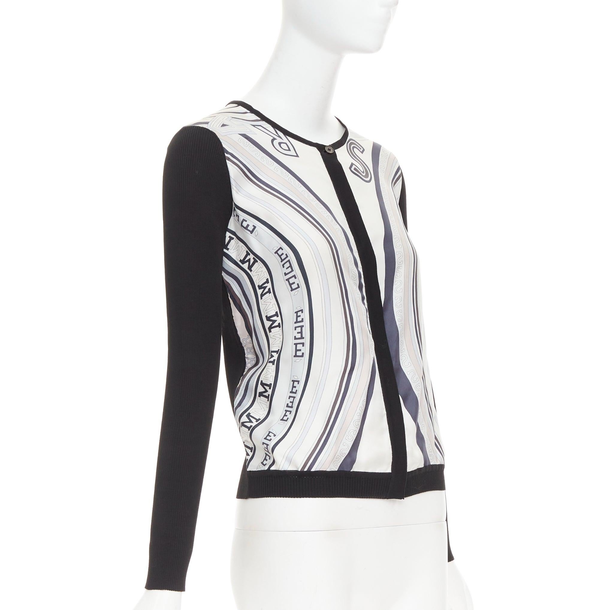 HERMES Creme schwarz 100% Seide Schal Panel Baumwolle gerippt Strickjacke S (Schwarz) im Angebot