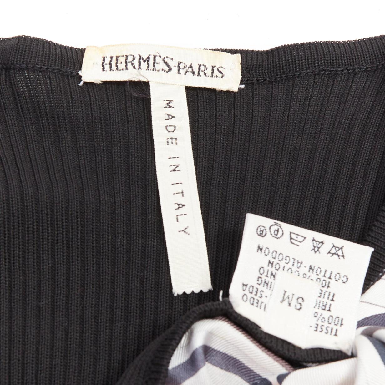 HERMES Creme schwarz 100% Seide Schal Panel Baumwolle gerippt Strickjacke S im Angebot 3