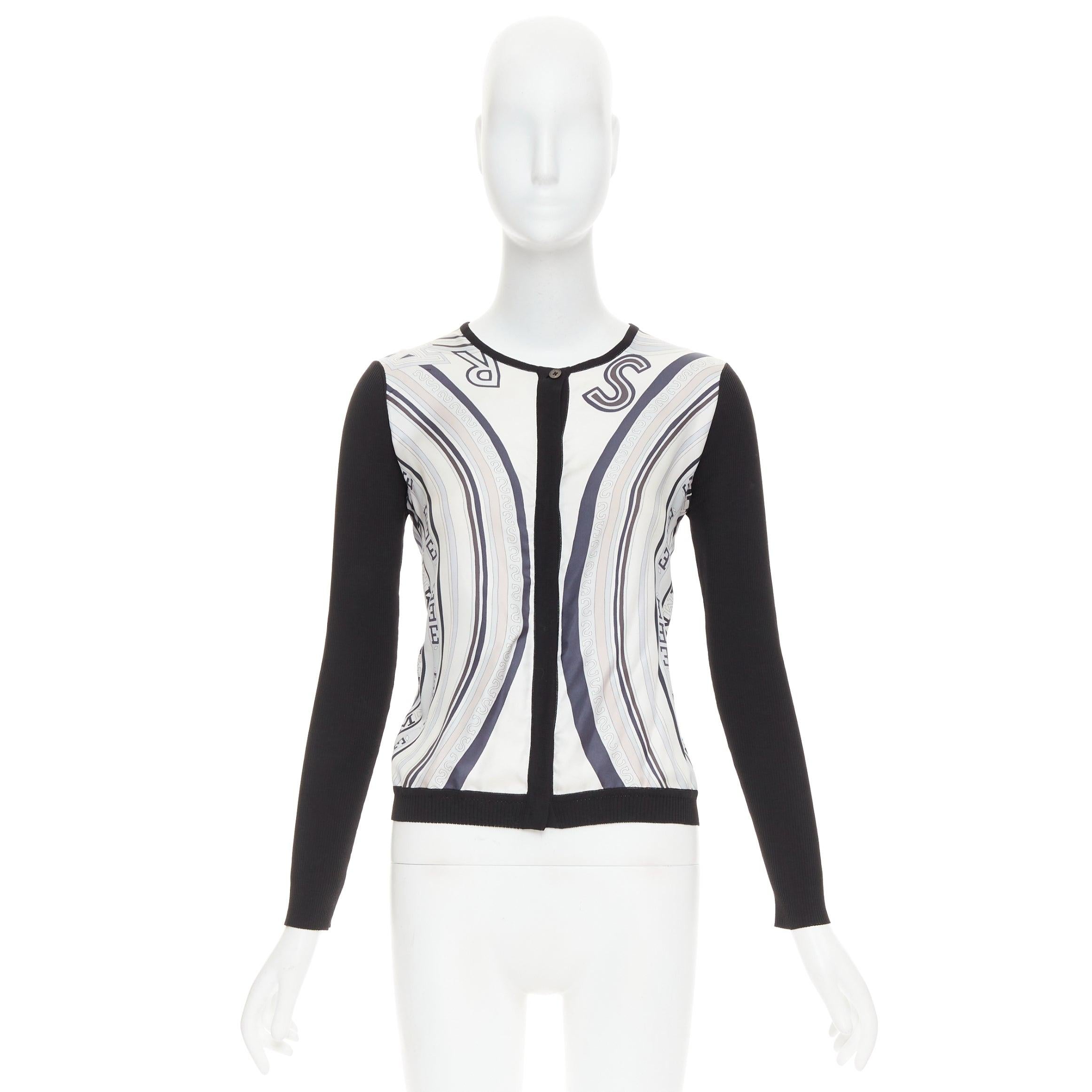 HERMES Creme schwarz 100% Seide Schal Panel Baumwolle gerippt Strickjacke S im Angebot 4