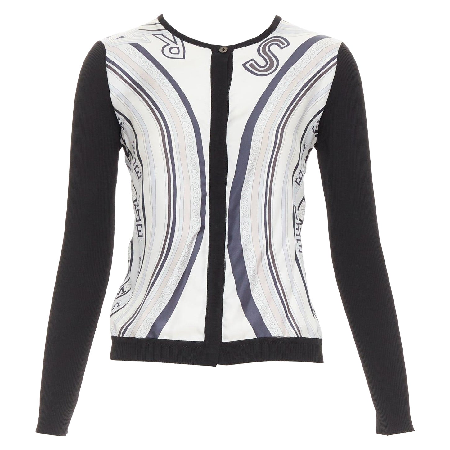 HERMES Creme schwarz 100% Seide Schal Panel Baumwolle gerippt Strickjacke S im Angebot