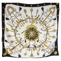 Hermès Cream Black Silk Les Cles Scarf 90