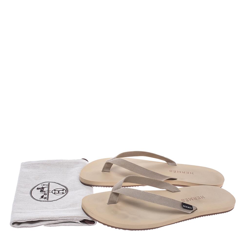 Men's Hermes Cream/Brown Technical Fabric Isolella Flip Flop Sandals Size 42