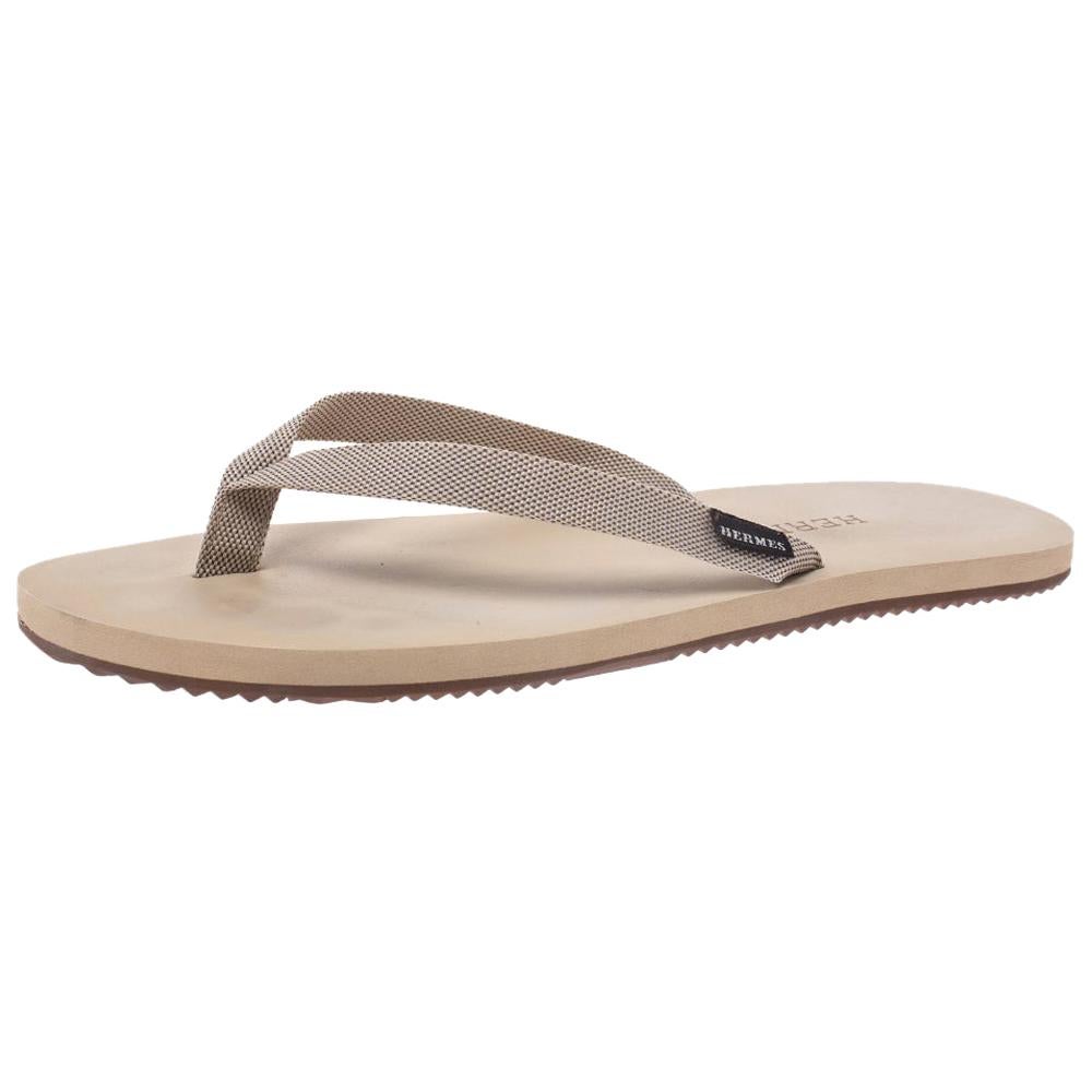 Hermes Cream/Brown Technical Fabric Isolella Flip Flop Sandals Size 42