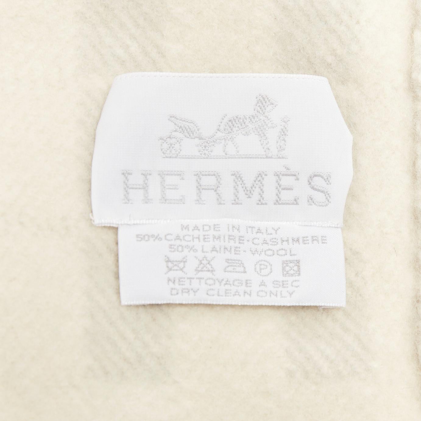 HERMES cream light grey cashmere wool H logo square throw blanket 3