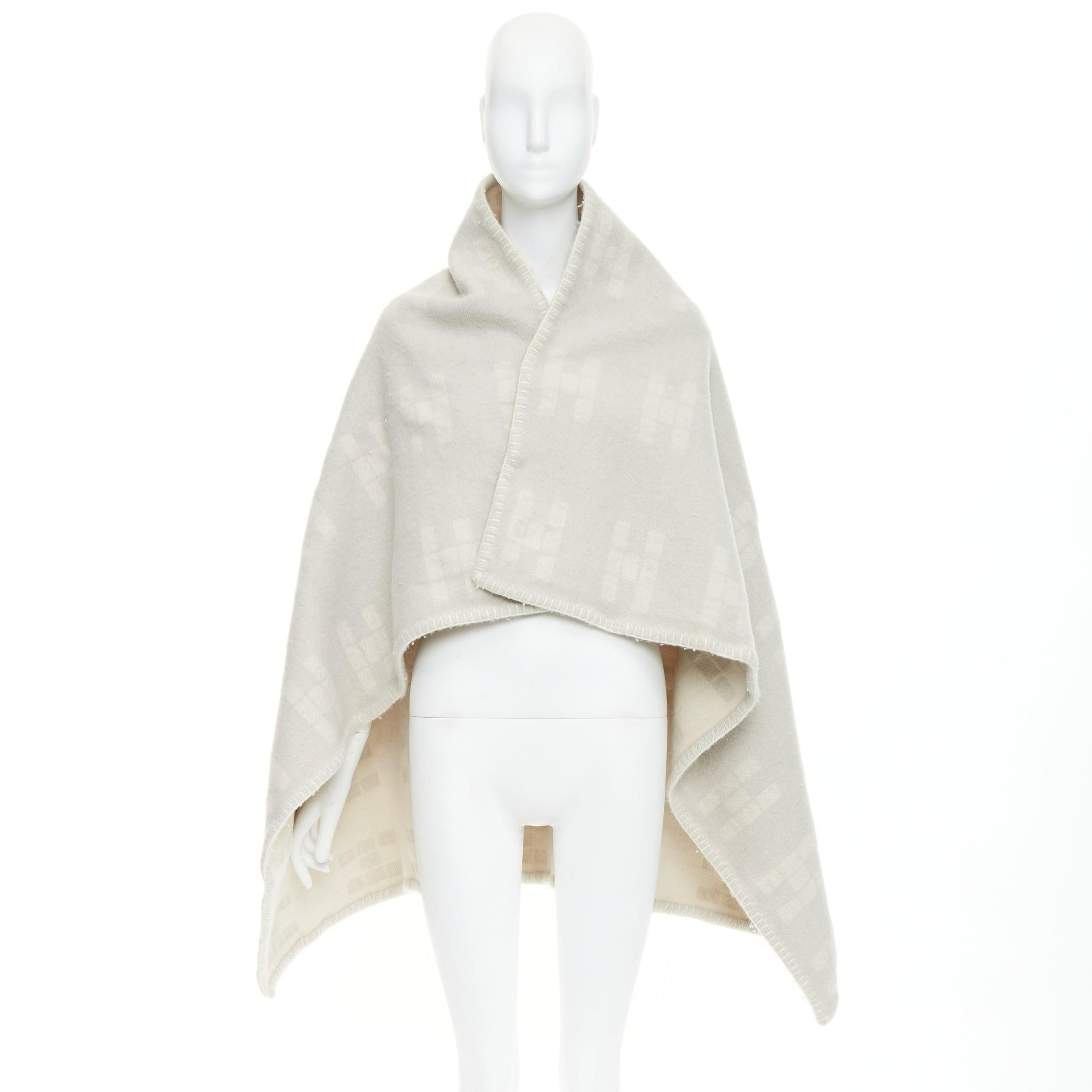 HERMES cream light grey cashmere wool H logo square throw blanket 4