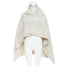 HERMES cream light grey cashmere wool H logo square throw blanket