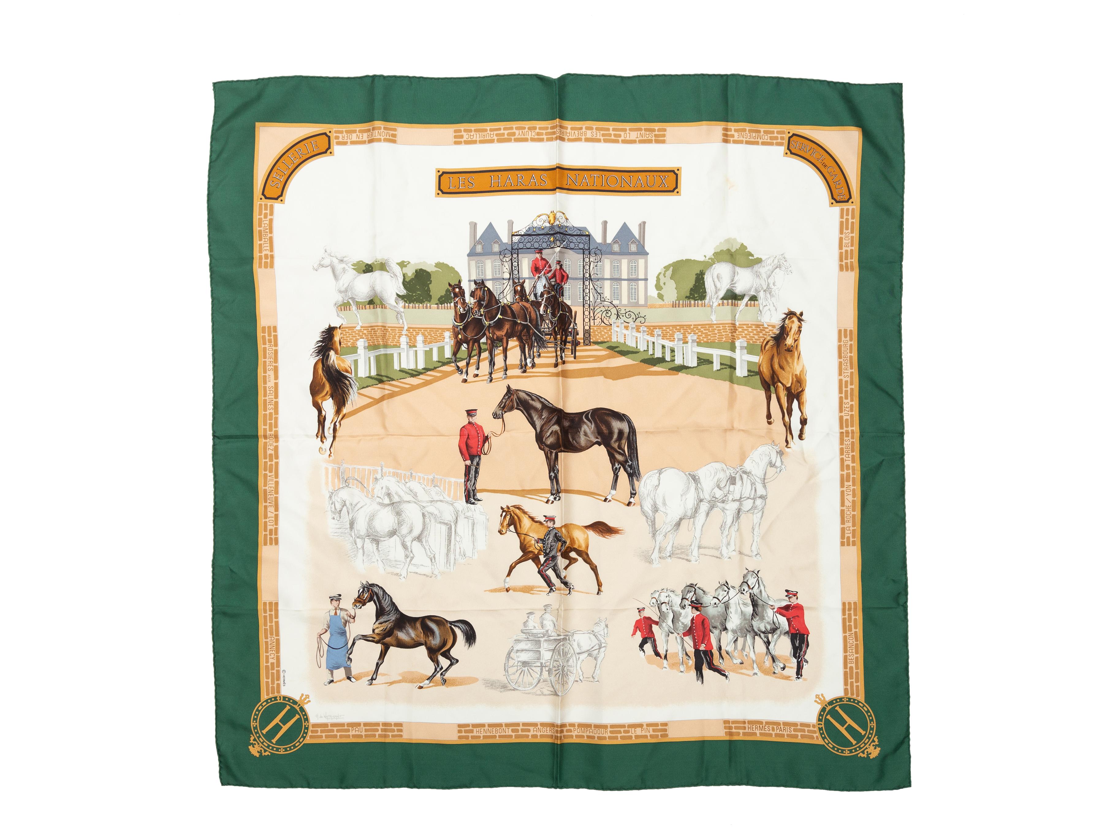 Product details: Cream and multicolor equestrian 'Les Haras Nationaux' print silk scarf by Hermes. 35