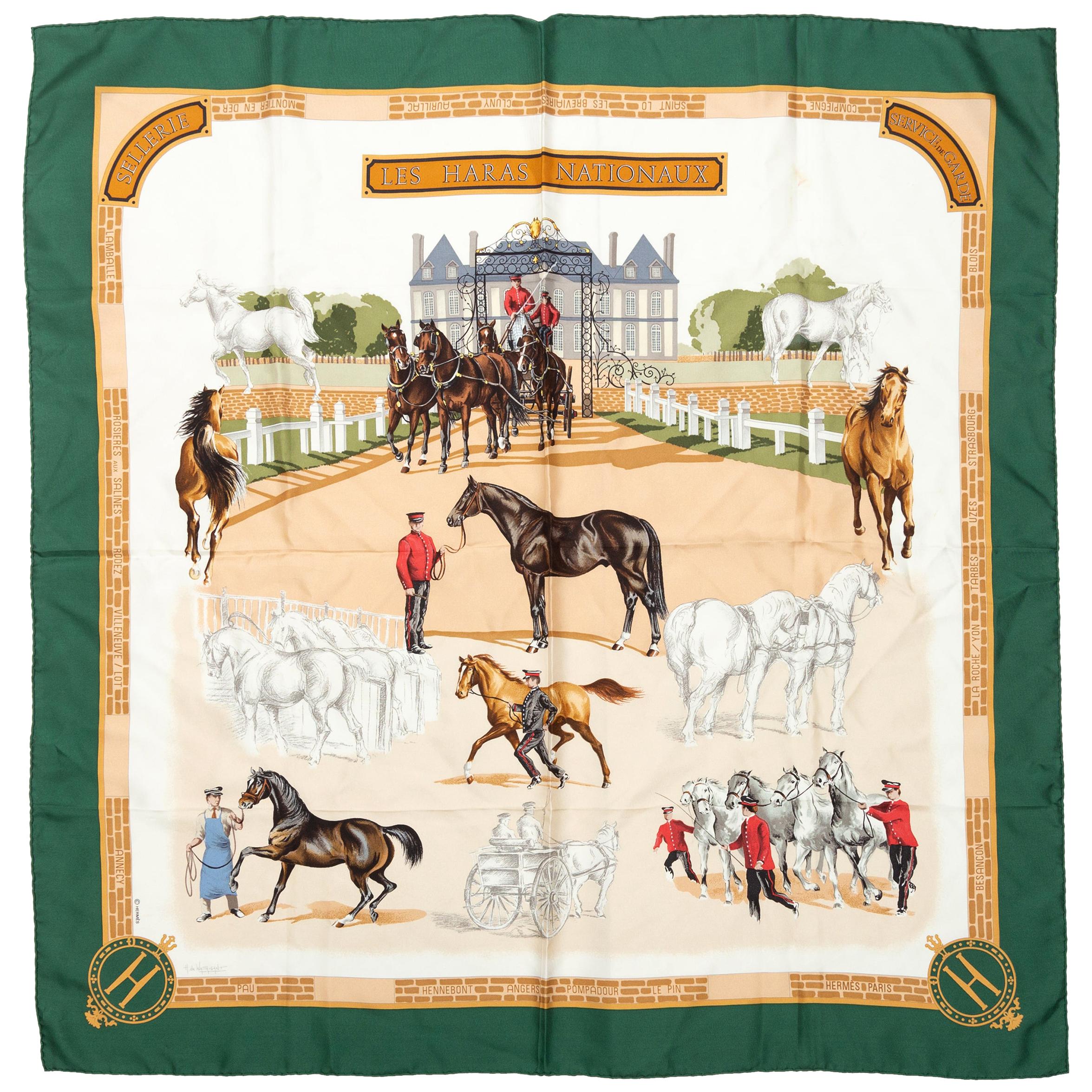 Hermes Cream and Multicolor 'Les Haras Nationaux' Silk Scarf at 1stDibs