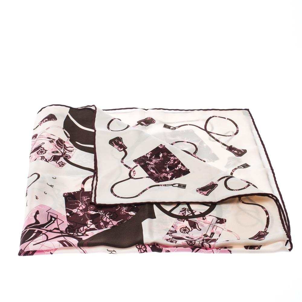 Hermes Cream, Pink & Brown Printed Silk Kelly en Caleche Scarf In Good Condition In Dubai, Al Qouz 2